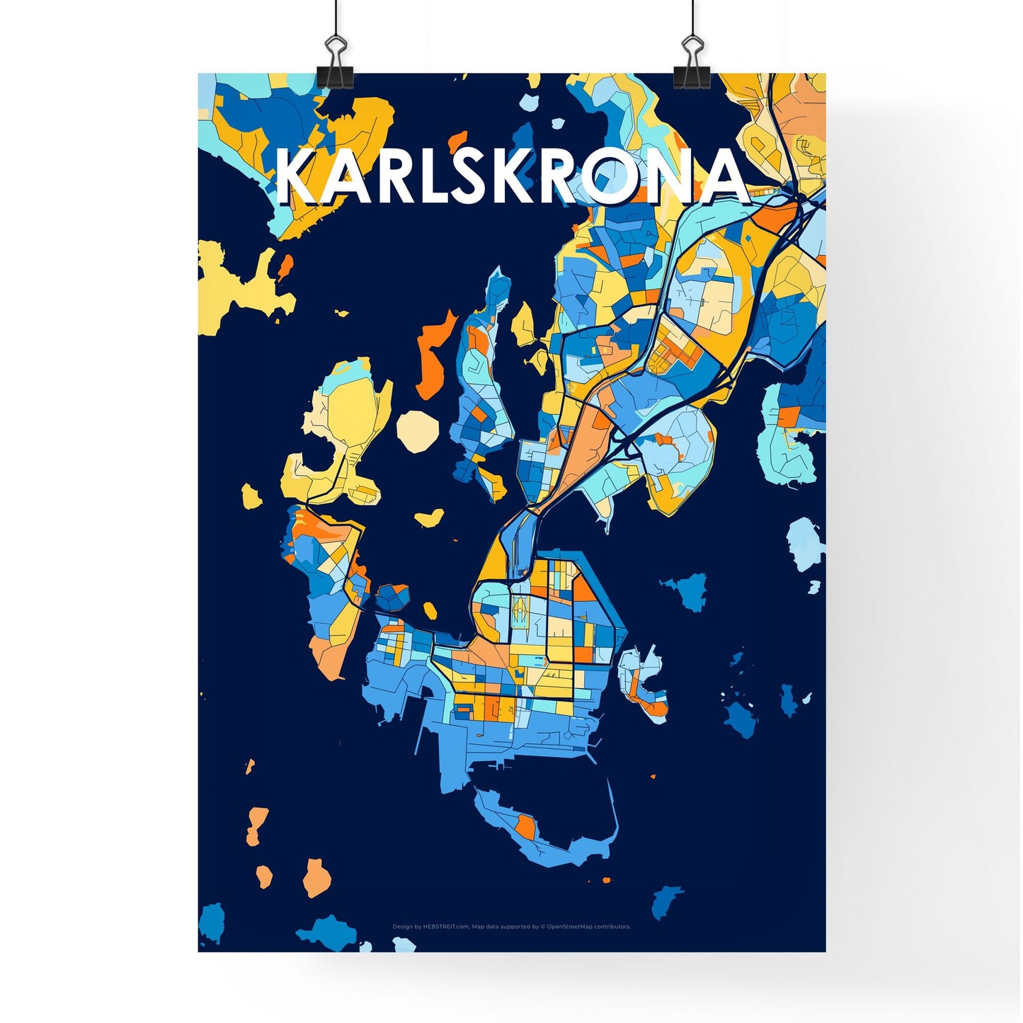 KARLSKRONA SWEDEN Vibrant Colorful Art Map Poster Blue Orange