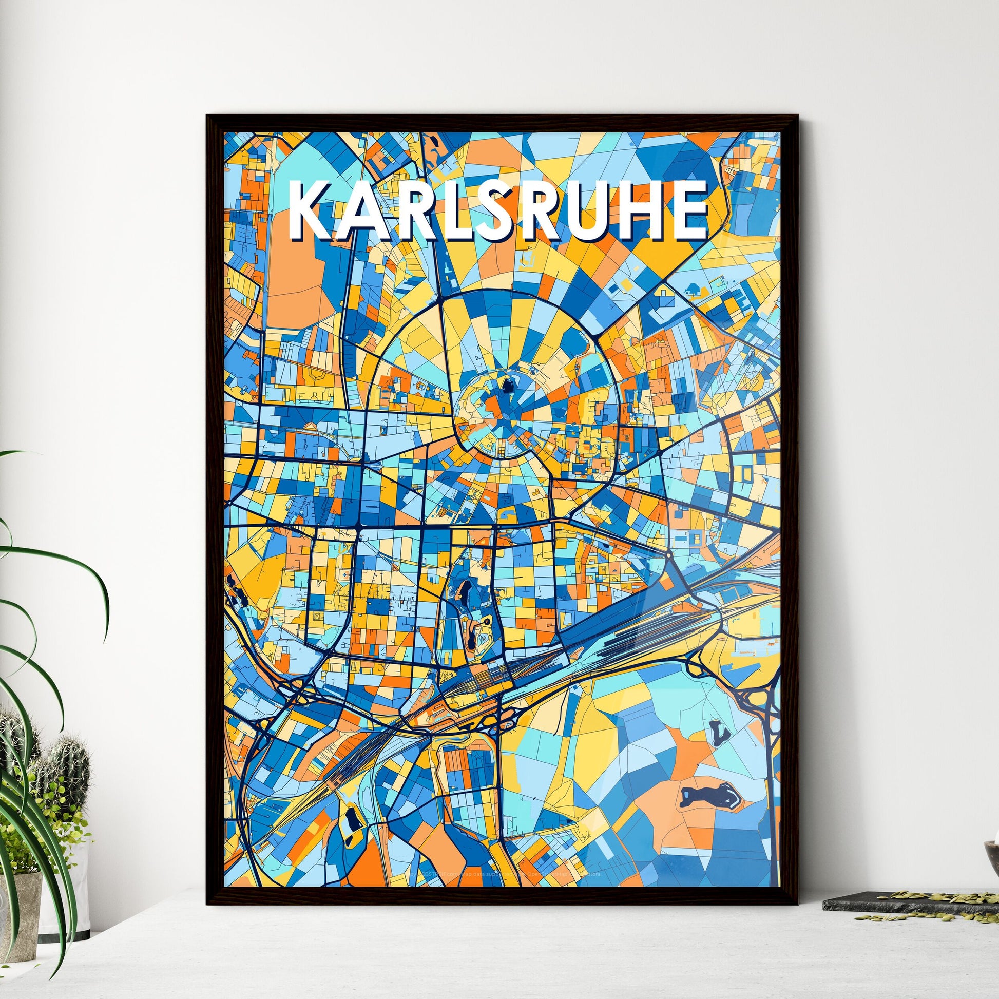 KARLSRUHE GERMANY Vibrant Colorful Art Map Poster Blue Orange