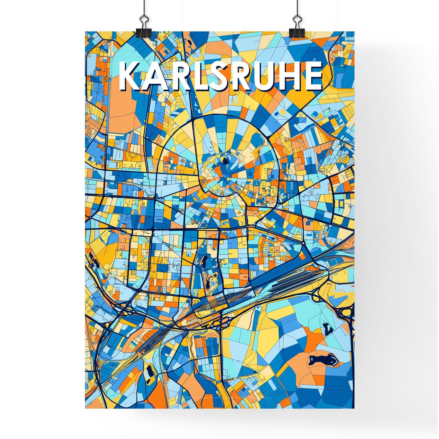 KARLSRUHE GERMANY Vibrant Colorful Art Map Poster Blue Orange