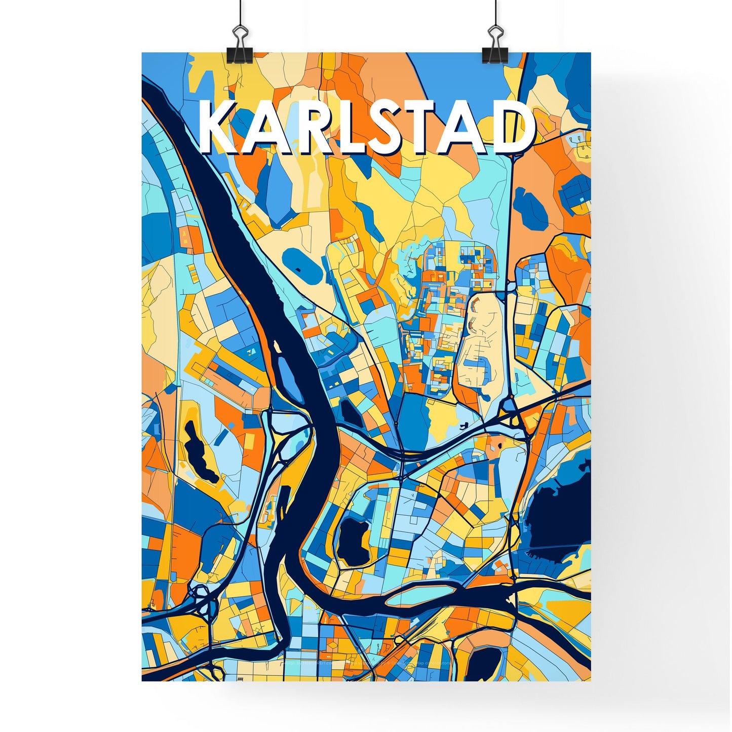 KARLSTAD SWEDEN Vibrant Colorful Art Map Poster Blue Orange