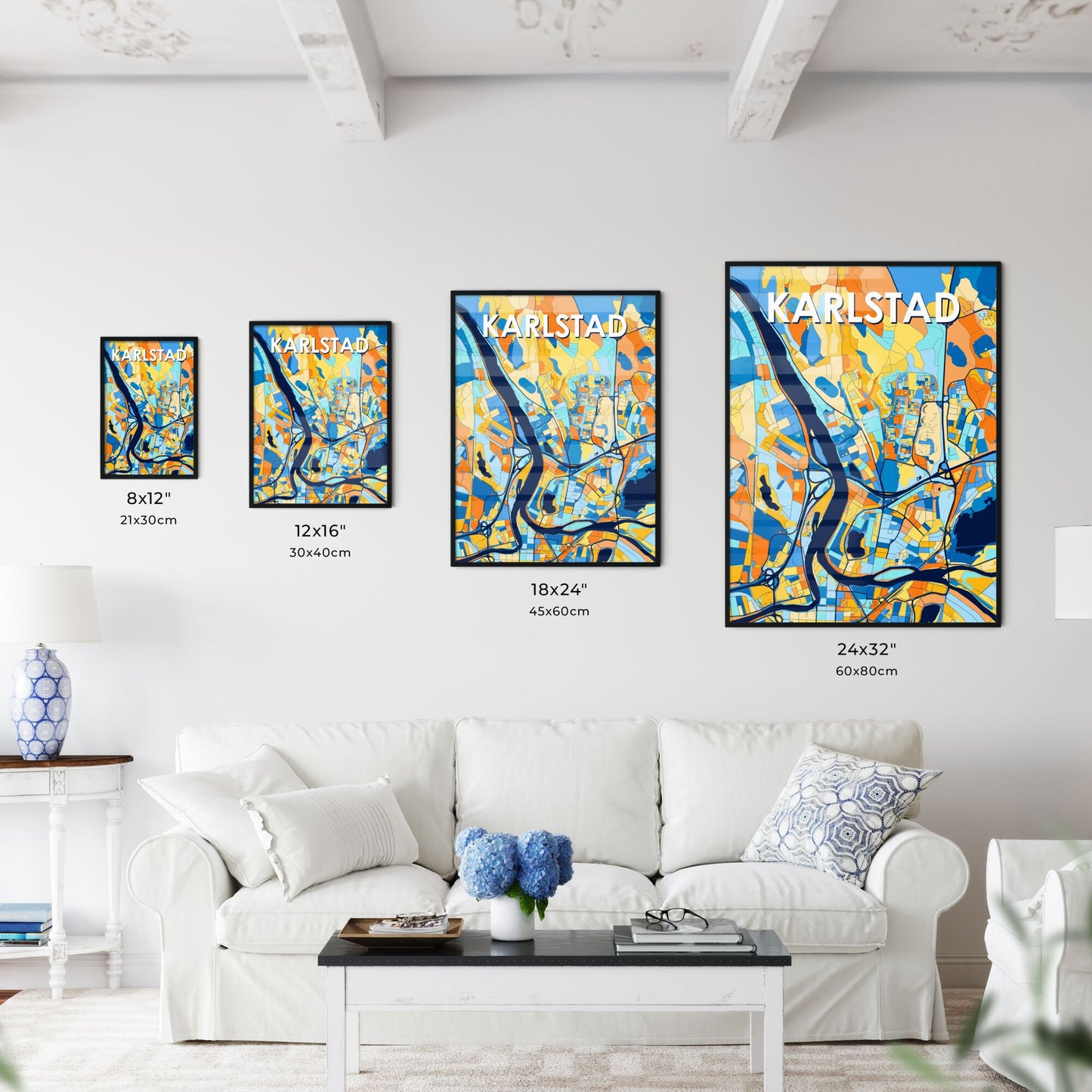 KARLSTAD SWEDEN Vibrant Colorful Art Map Poster Blue Orange