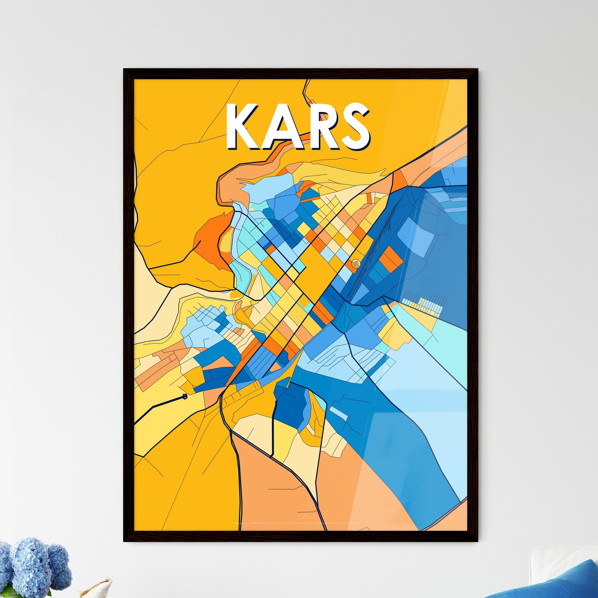 KARS TURKEY Vibrant Colorful Art Map Poster Blue Orange