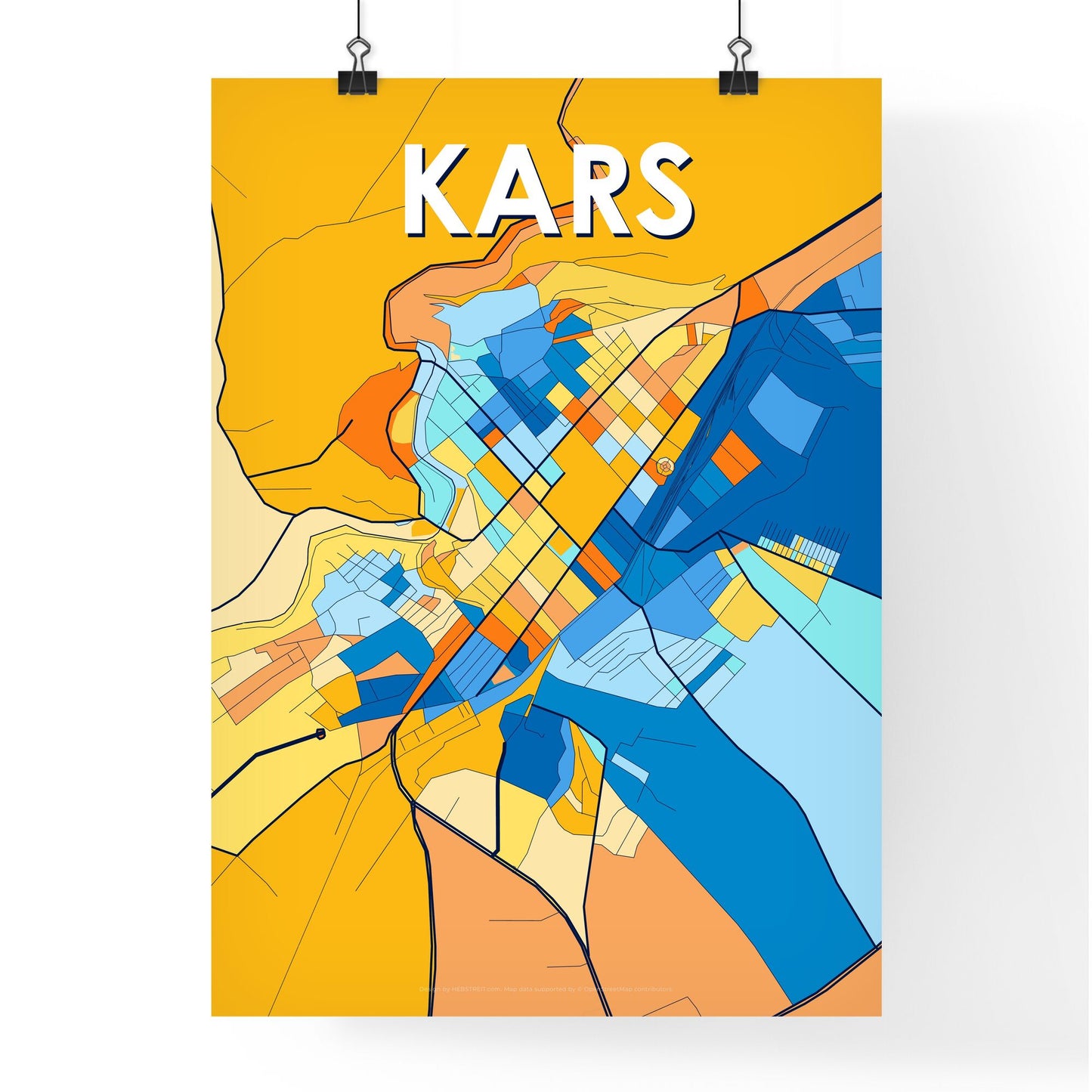 KARS TURKEY Vibrant Colorful Art Map Poster Blue Orange