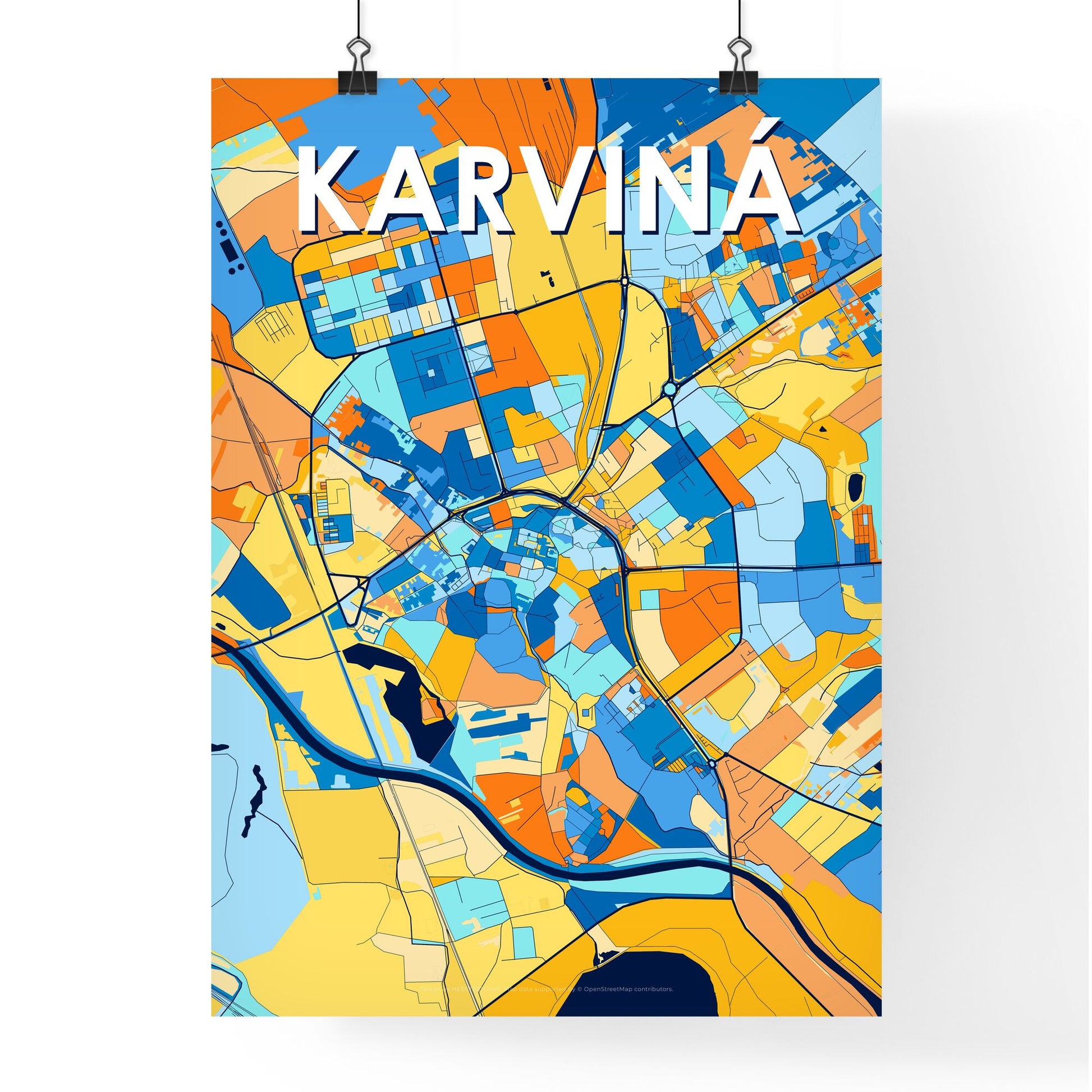 KARVINÁ CZECHIA Vibrant Colorful Art Map Poster Blue Orange