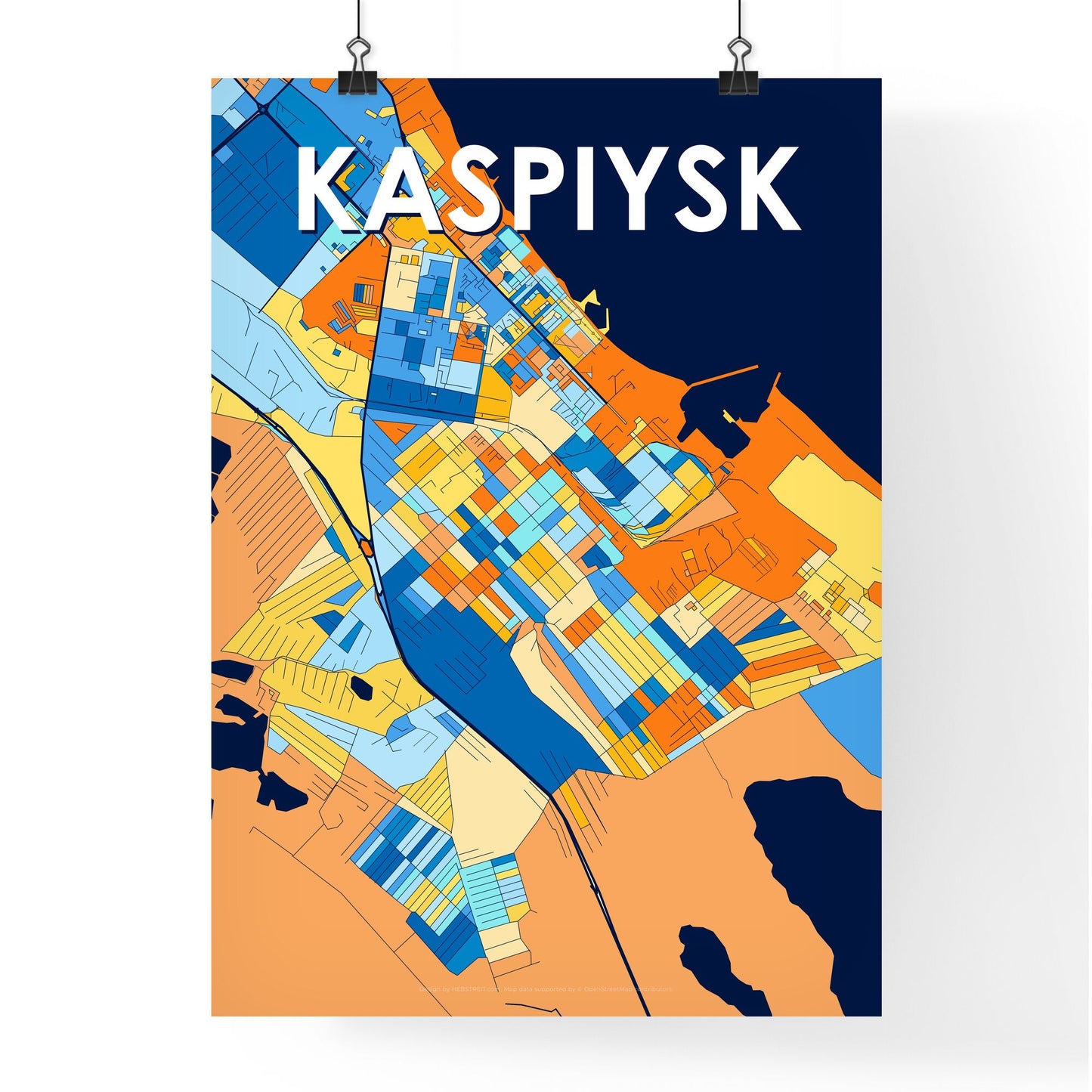 KASPIYSK RUSSIA Vibrant Colorful Art Map Poster Blue Orange