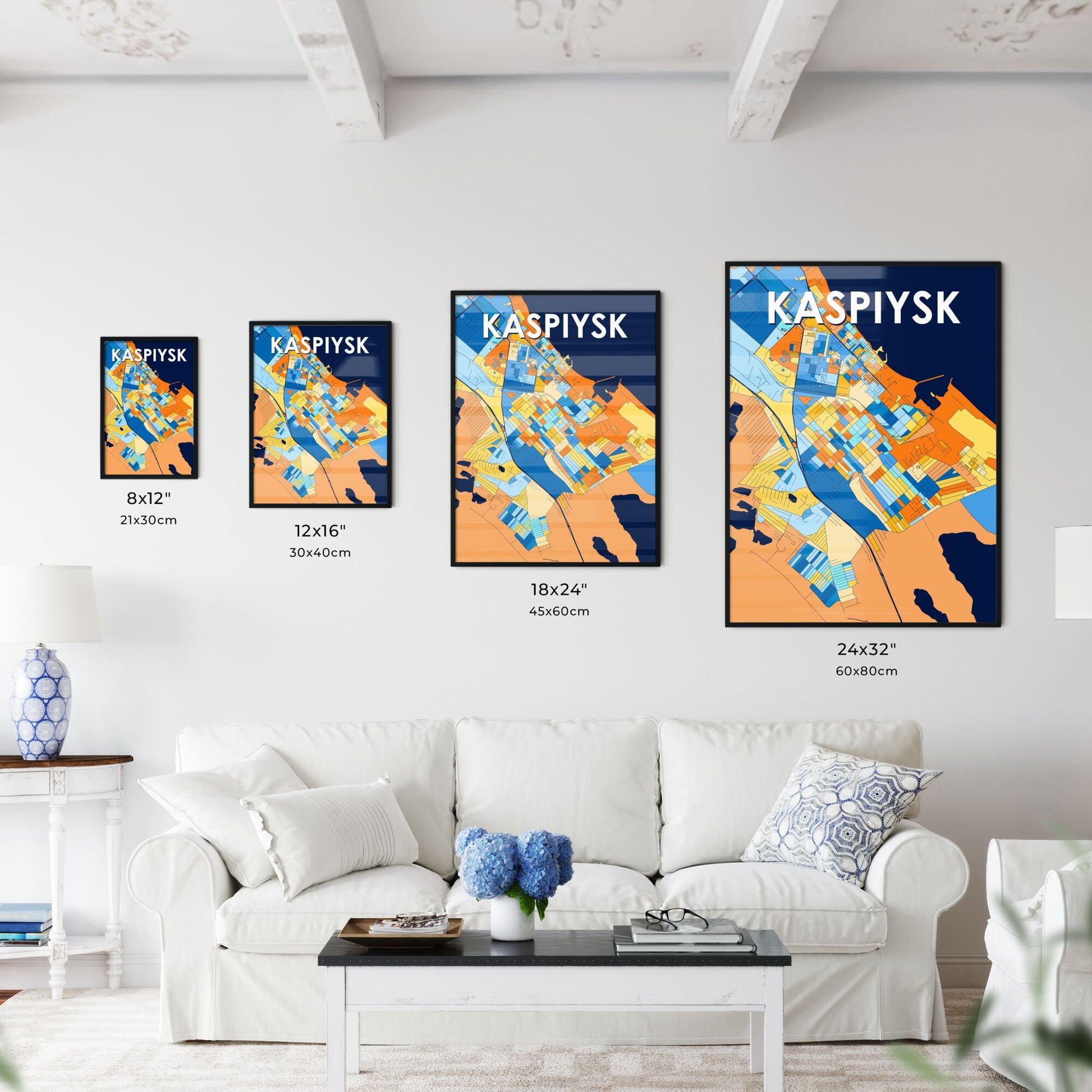 KASPIYSK RUSSIA Vibrant Colorful Art Map Poster Blue Orange