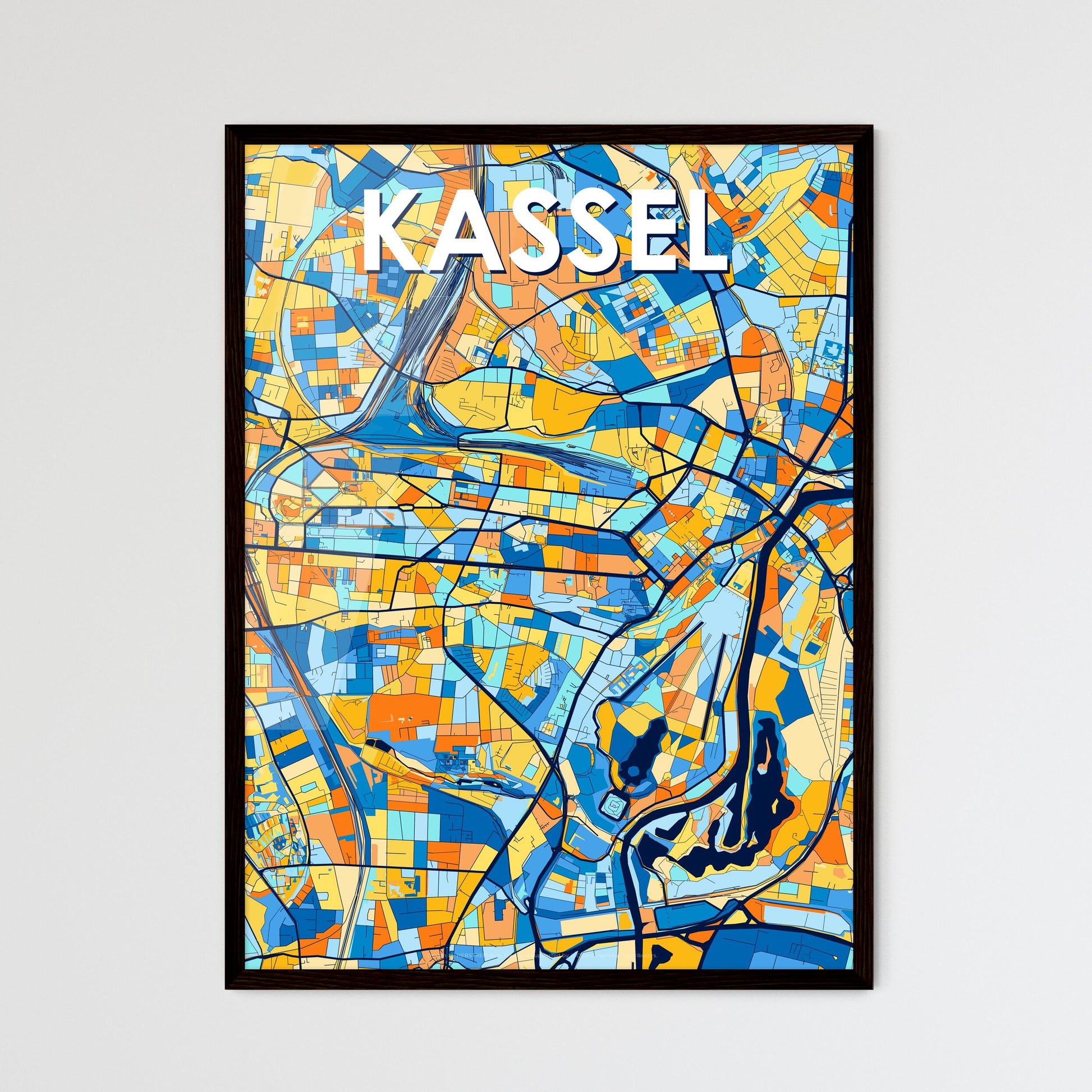 KASSEL GERMANY Vibrant Colorful Art Map Poster Blue Orange