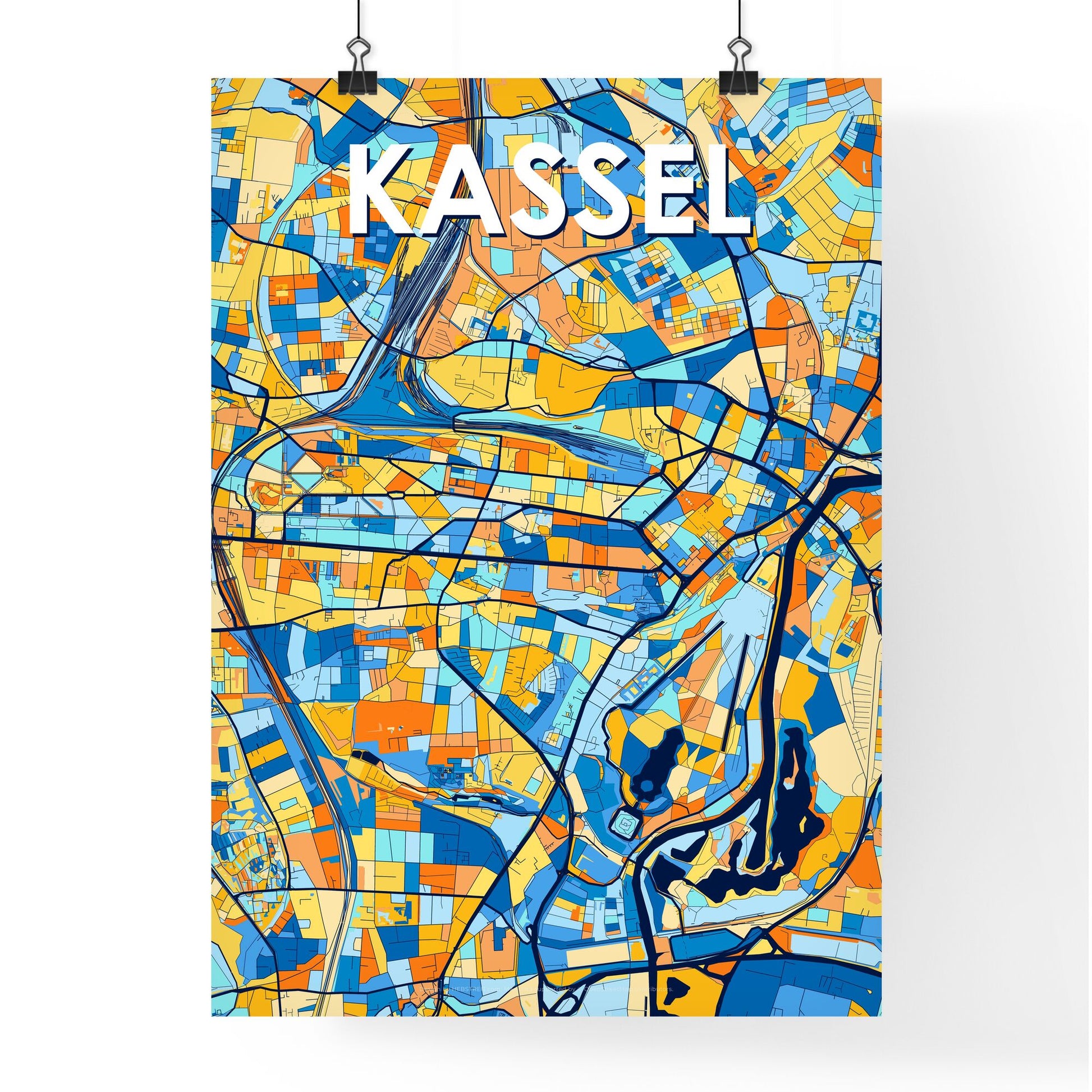 KASSEL GERMANY Vibrant Colorful Art Map Poster Blue Orange