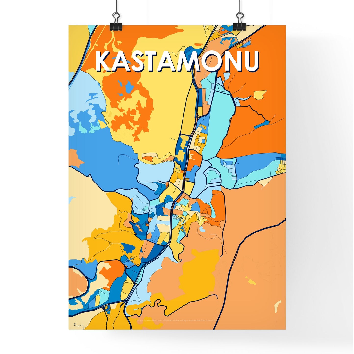 KASTAMONU TURKEY Vibrant Colorful Art Map Poster Blue Orange