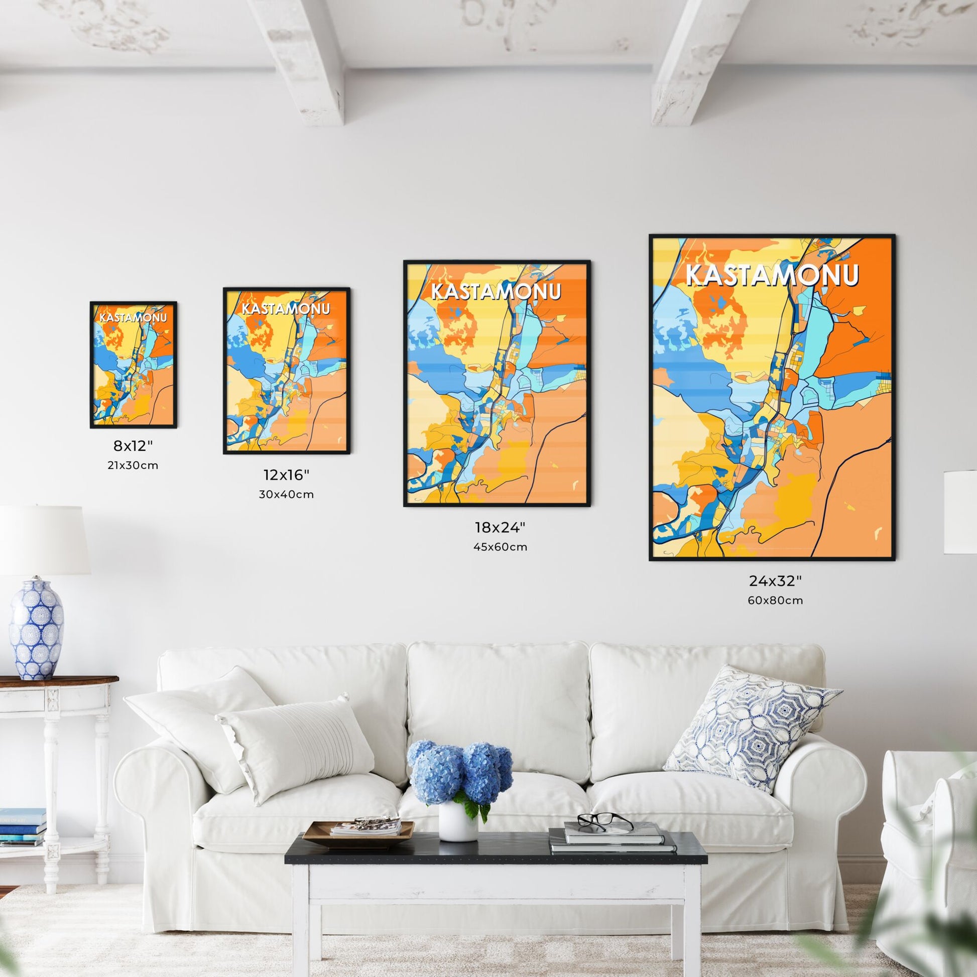 KASTAMONU TURKEY Vibrant Colorful Art Map Poster Blue Orange