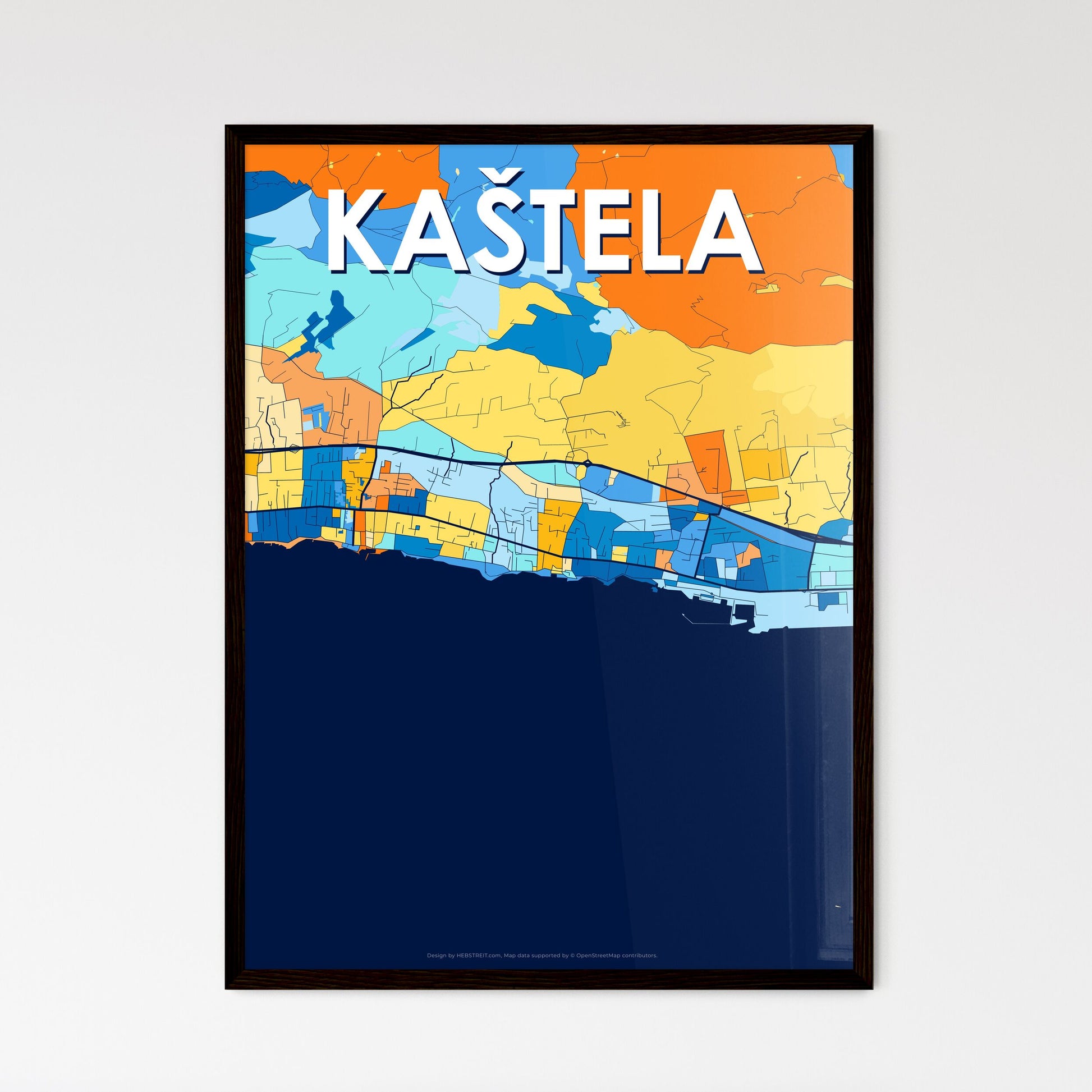 KAŠTELA CROATIA Vibrant Colorful Art Map Poster Blue Orange