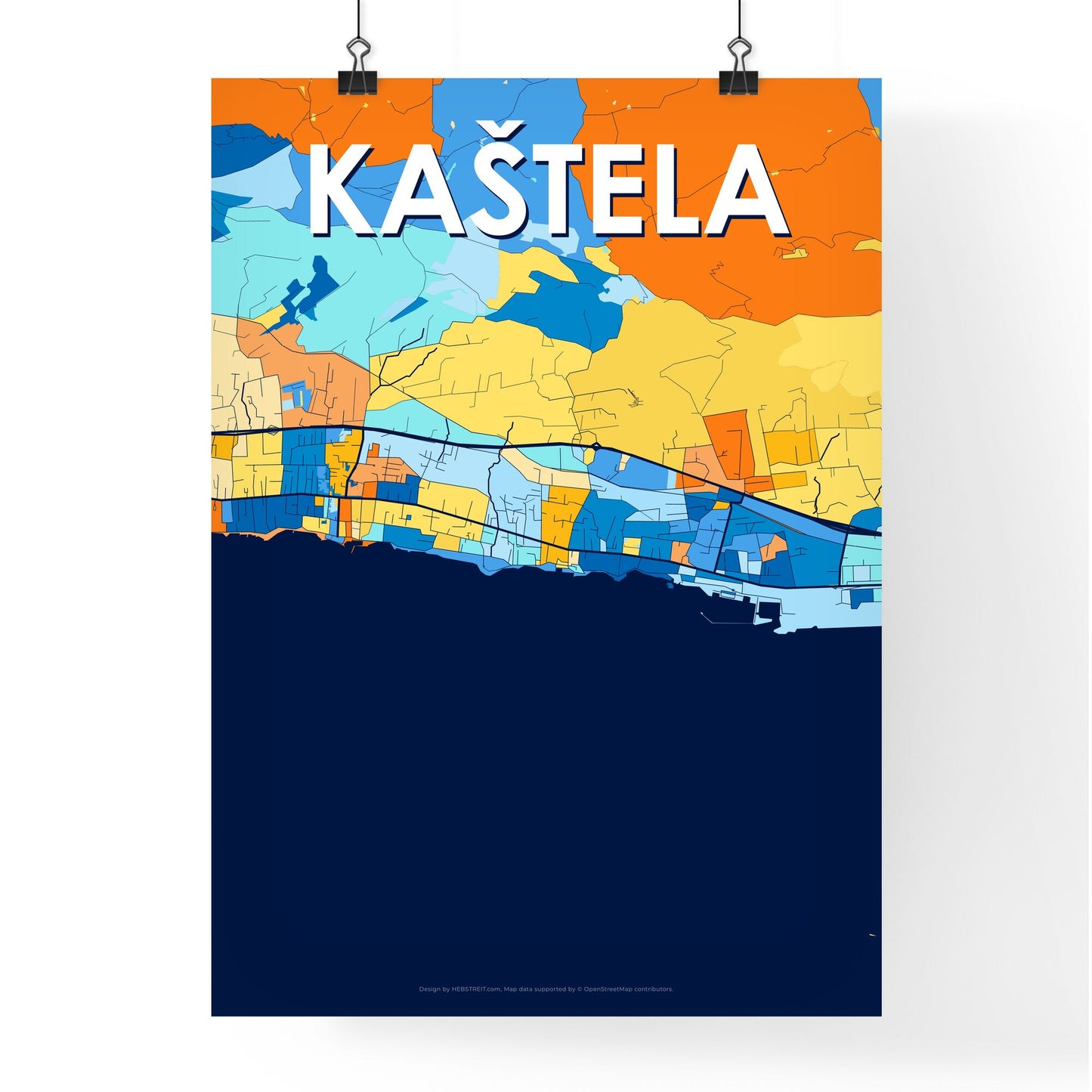 KAŠTELA CROATIA Vibrant Colorful Art Map Poster Blue Orange