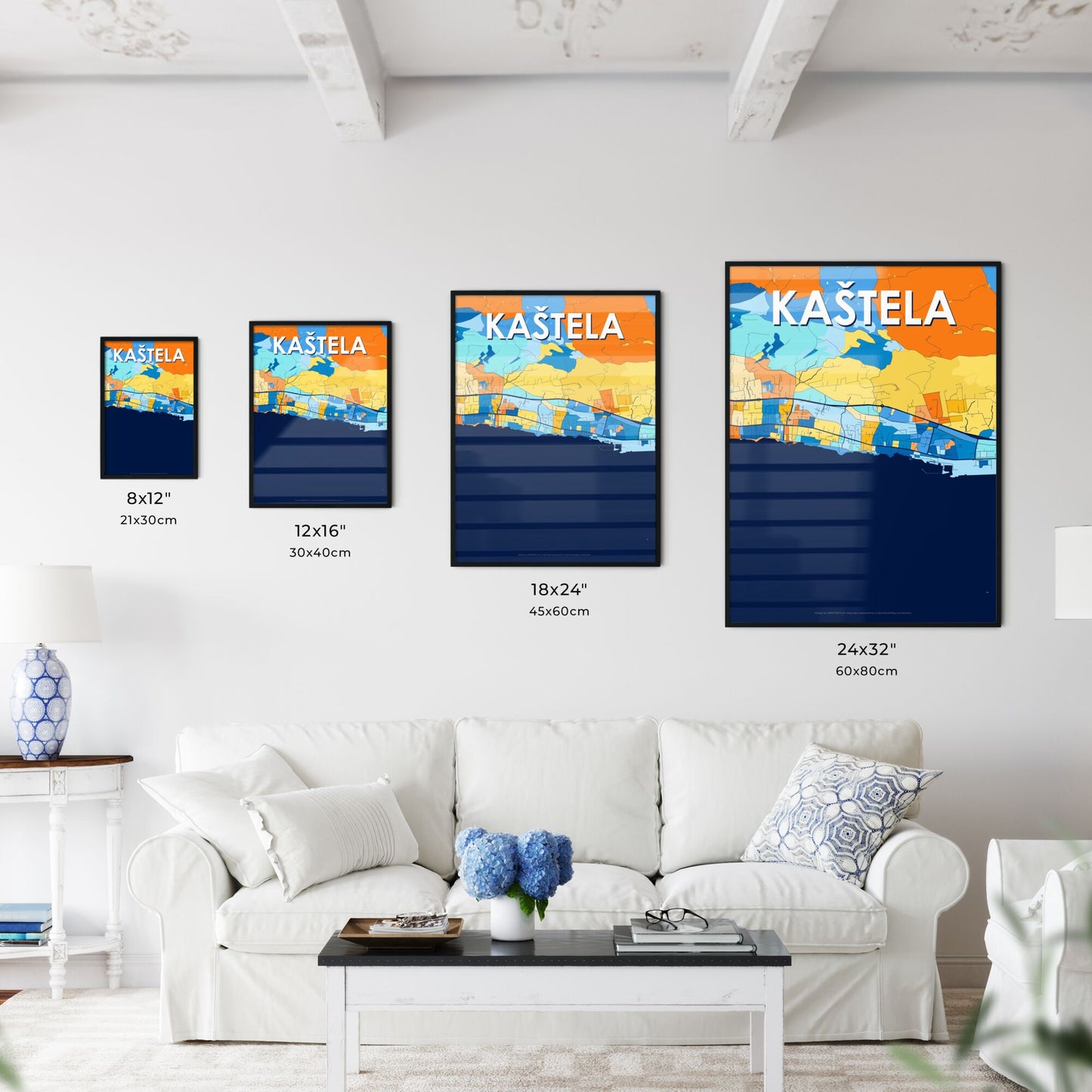 KAŠTELA CROATIA Vibrant Colorful Art Map Poster Blue Orange