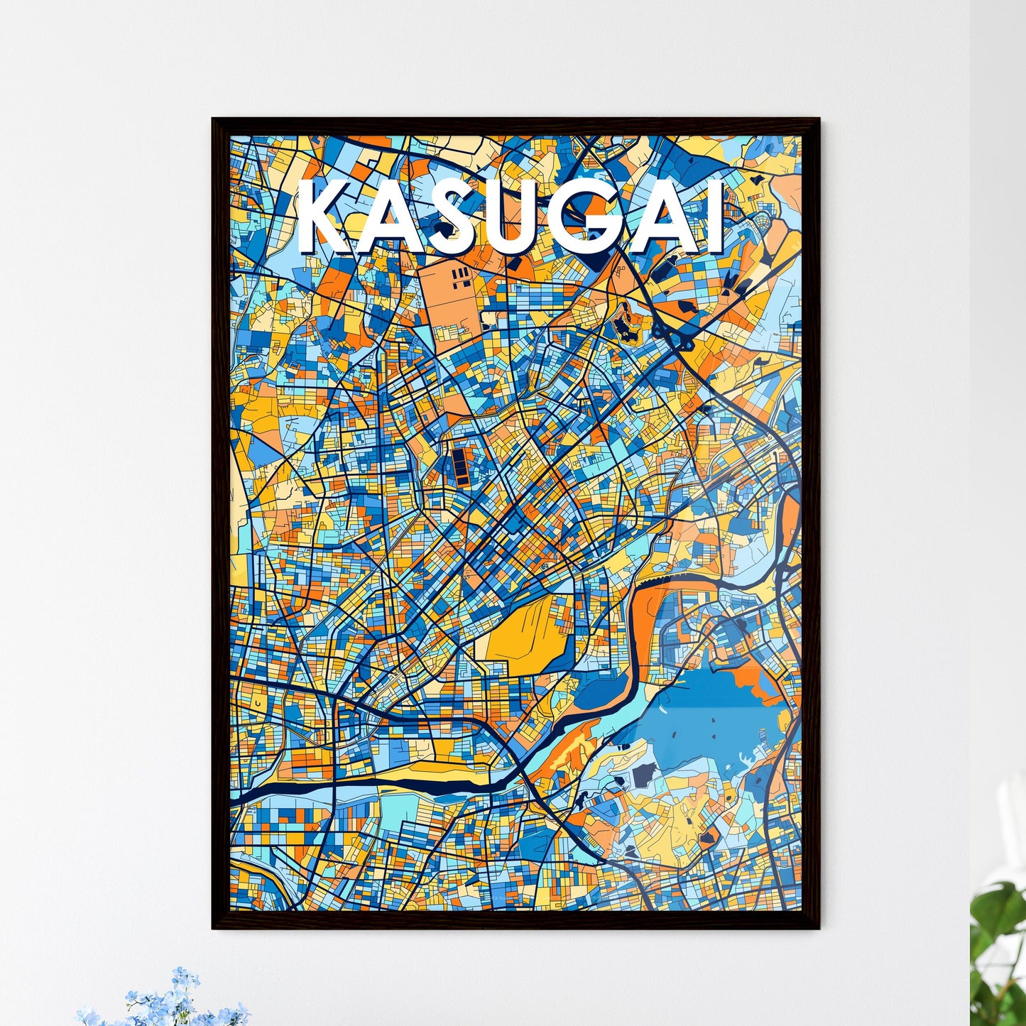 KASUGAI JAPAN Vibrant Colorful Art Map Poster Blue Orange