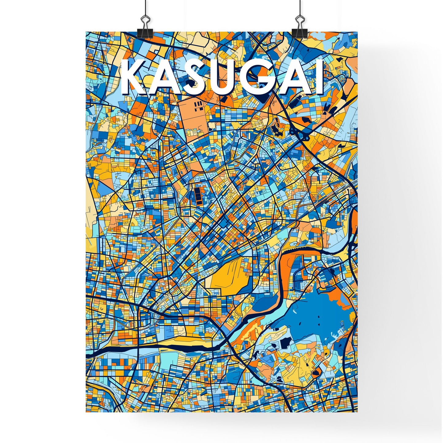 KASUGAI JAPAN Vibrant Colorful Art Map Poster Blue Orange