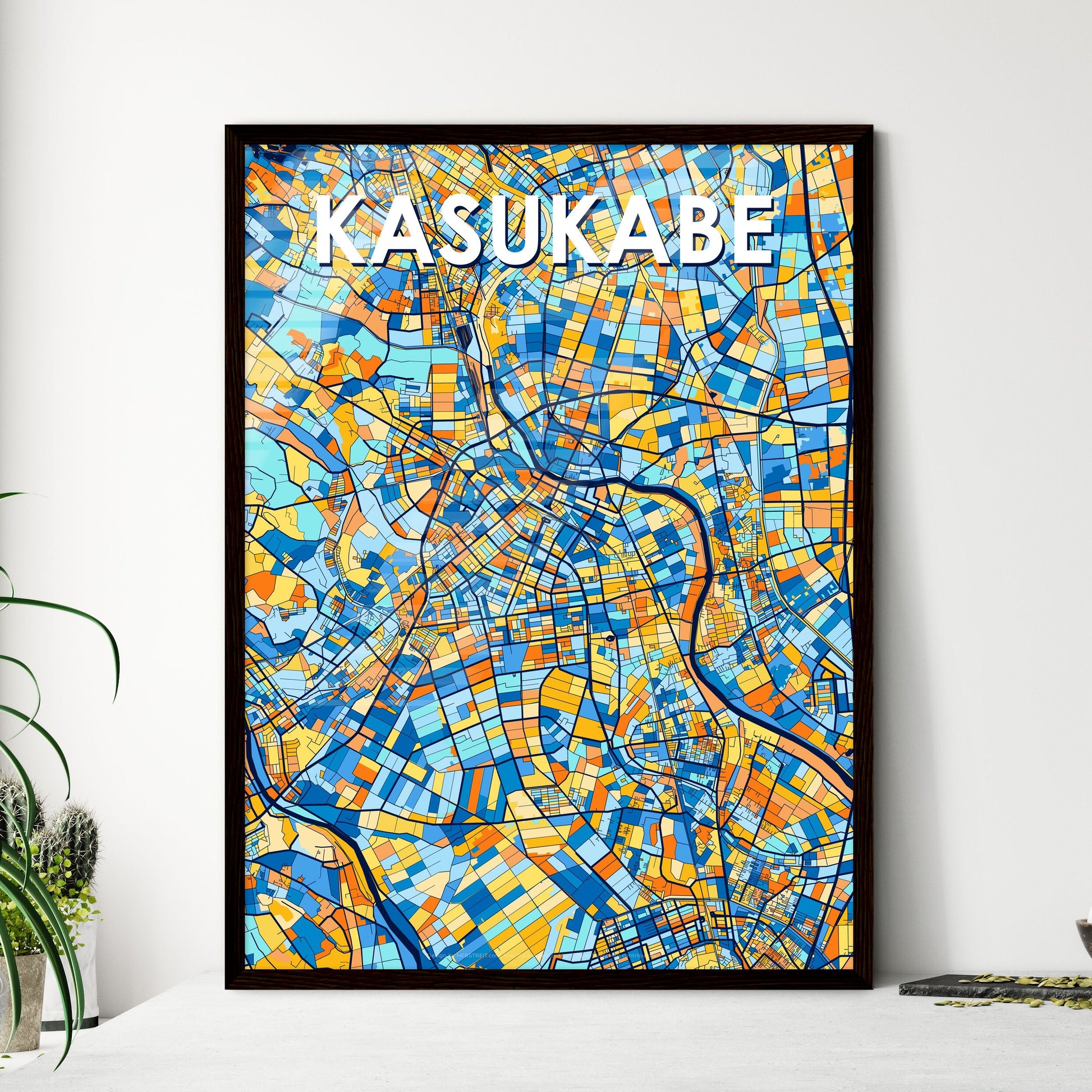 KASUKABE JAPAN Vibrant Colorful Art Map Poster Blue Orange