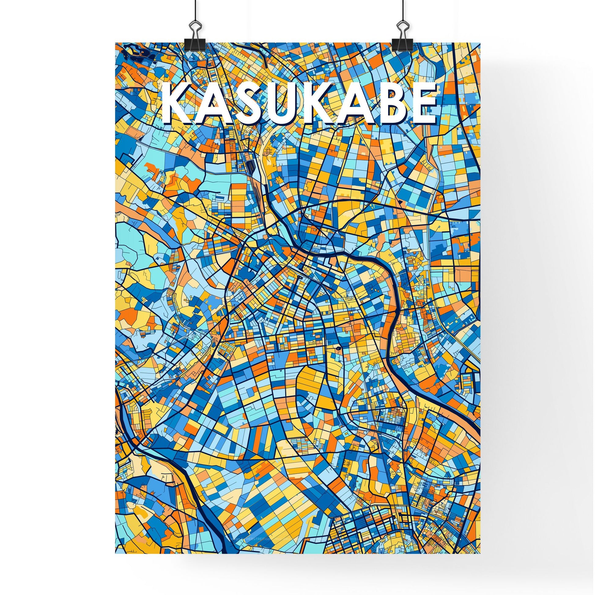 KASUKABE JAPAN Vibrant Colorful Art Map Poster Blue Orange