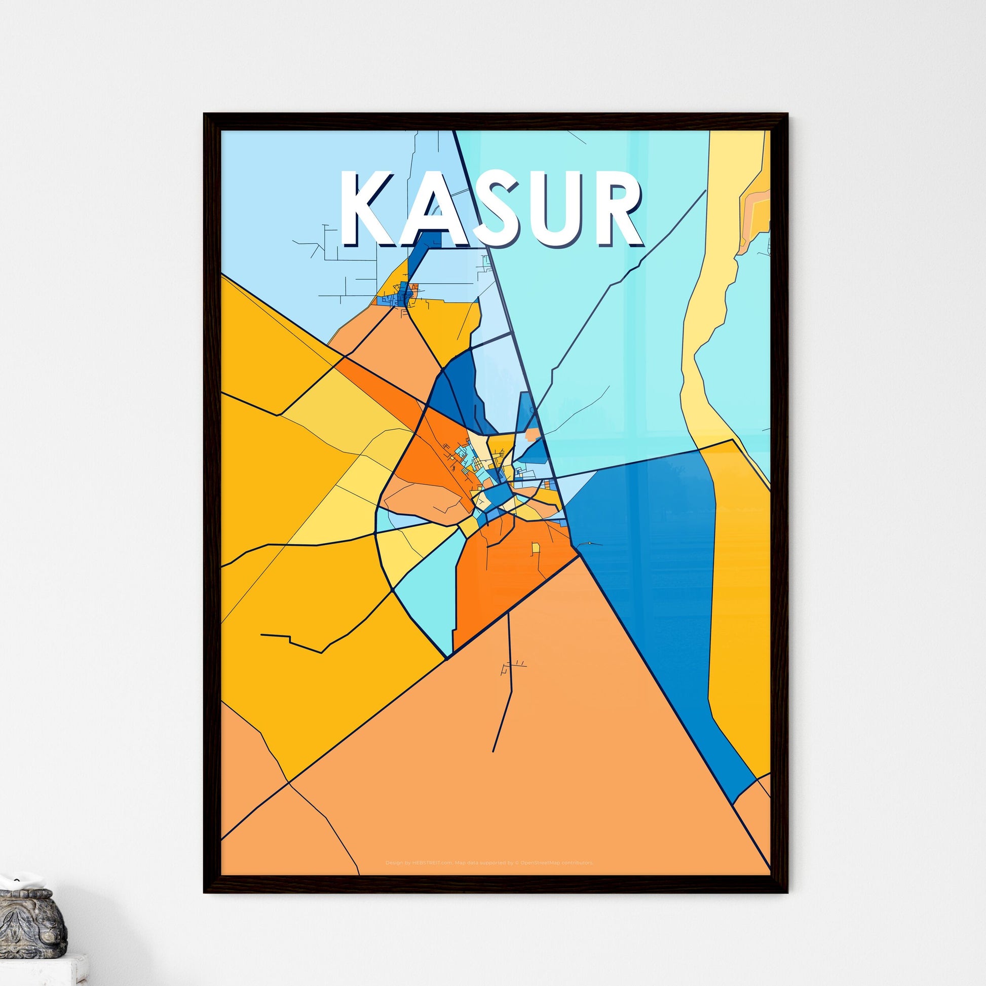 KASUR PAKISTAN Vibrant Colorful Art Map Poster Blue Orange