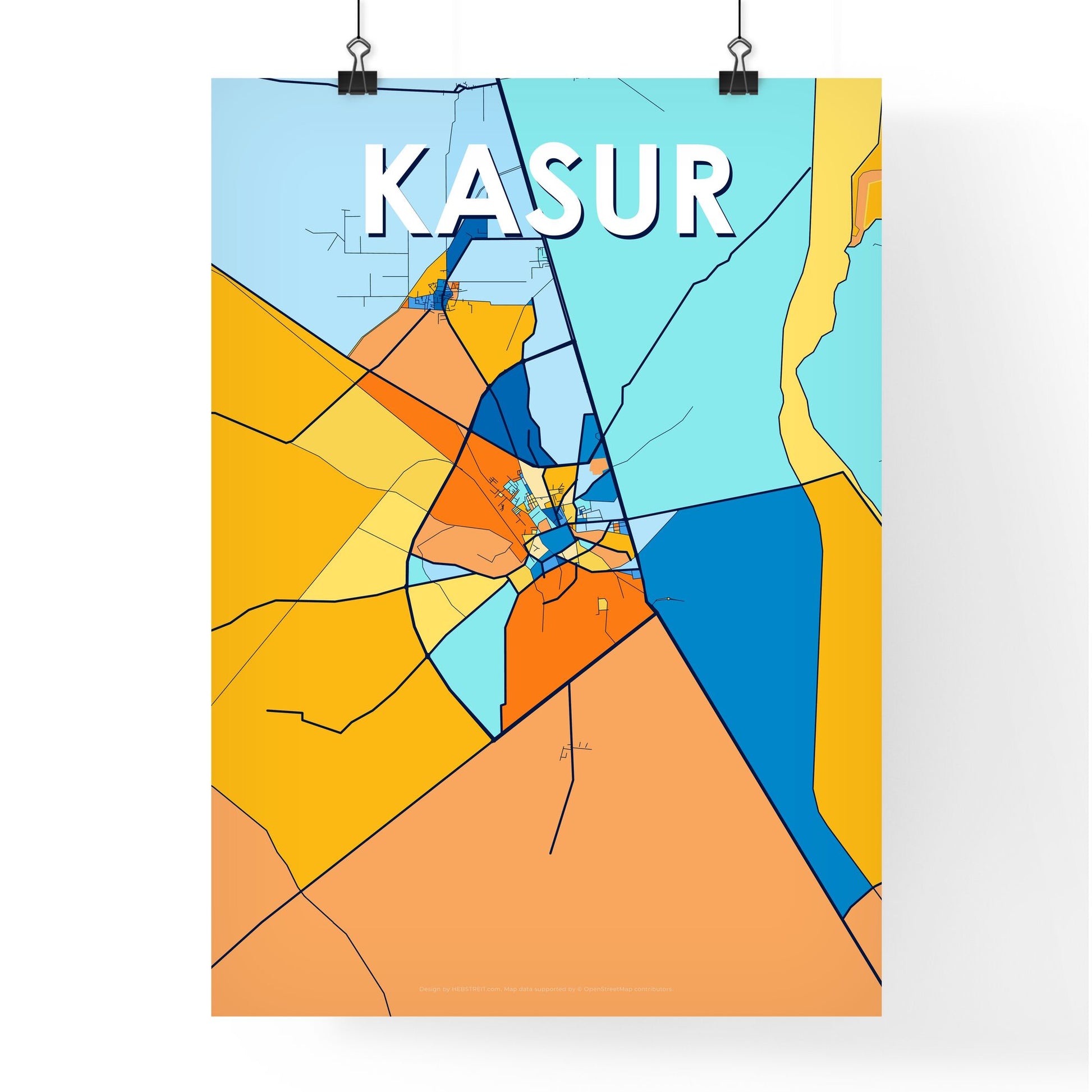 KASUR PAKISTAN Vibrant Colorful Art Map Poster Blue Orange