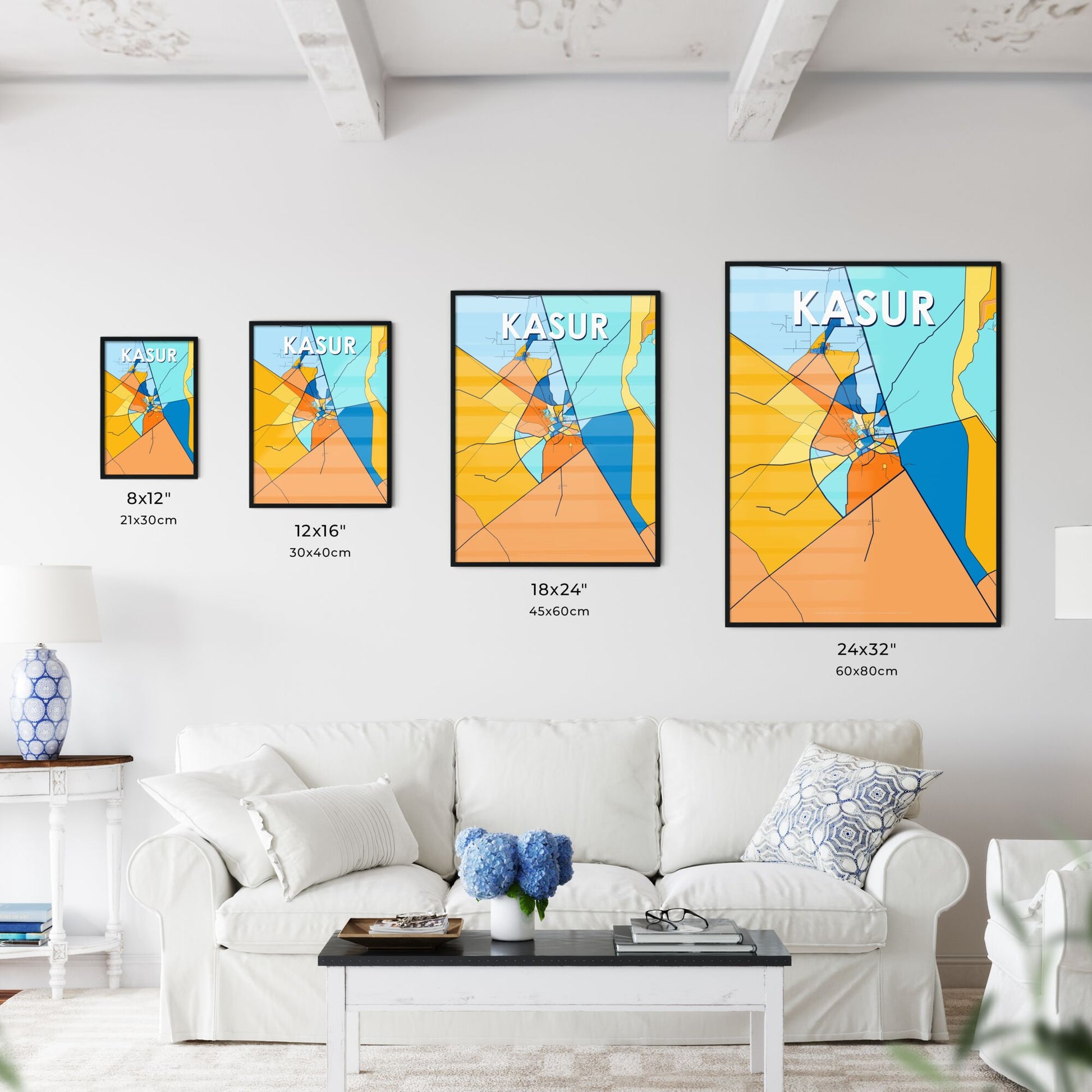 KASUR PAKISTAN Vibrant Colorful Art Map Poster Blue Orange