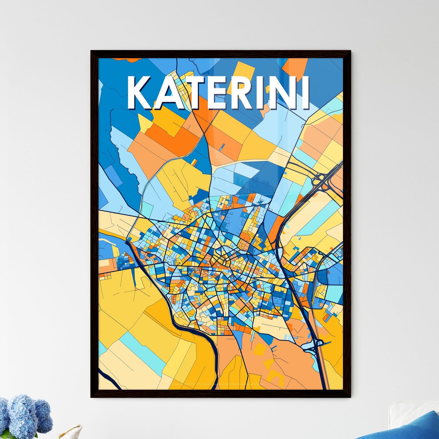 KATERINI GREECE Vibrant Colorful Art Map Poster Blue Orange