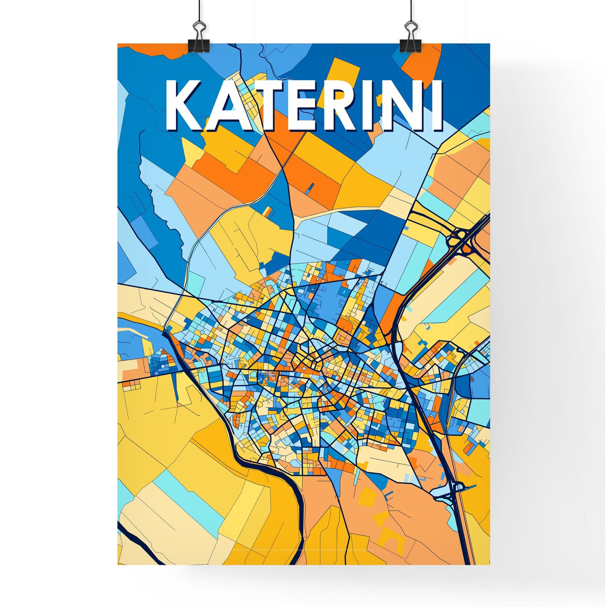 KATERINI GREECE Vibrant Colorful Art Map Poster Blue Orange