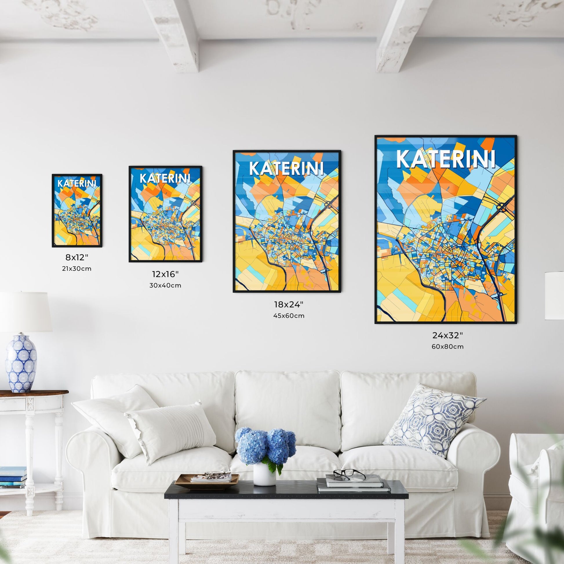 KATERINI GREECE Vibrant Colorful Art Map Poster Blue Orange