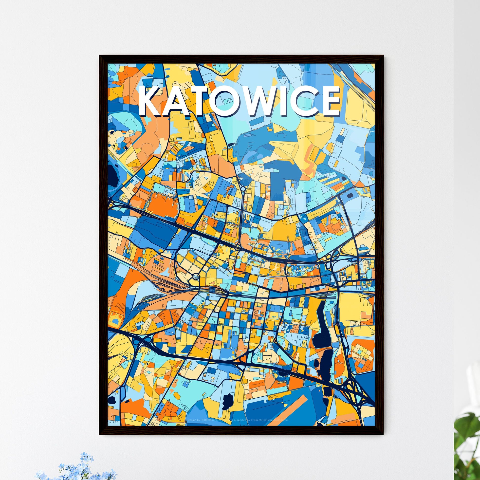 KATOWICE POLAND Vibrant Colorful Art Map Poster Blue Orange