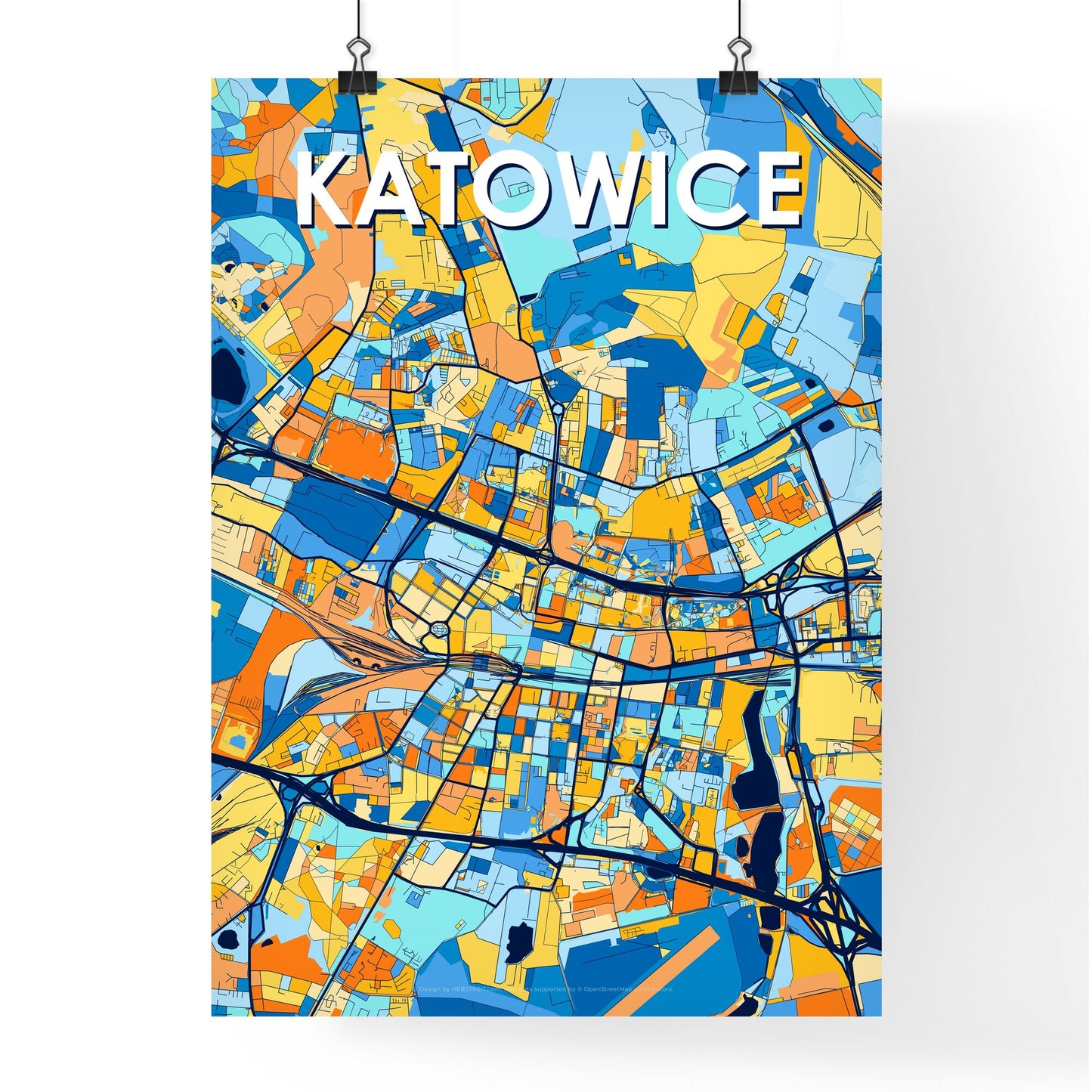 KATOWICE POLAND Vibrant Colorful Art Map Poster Blue Orange