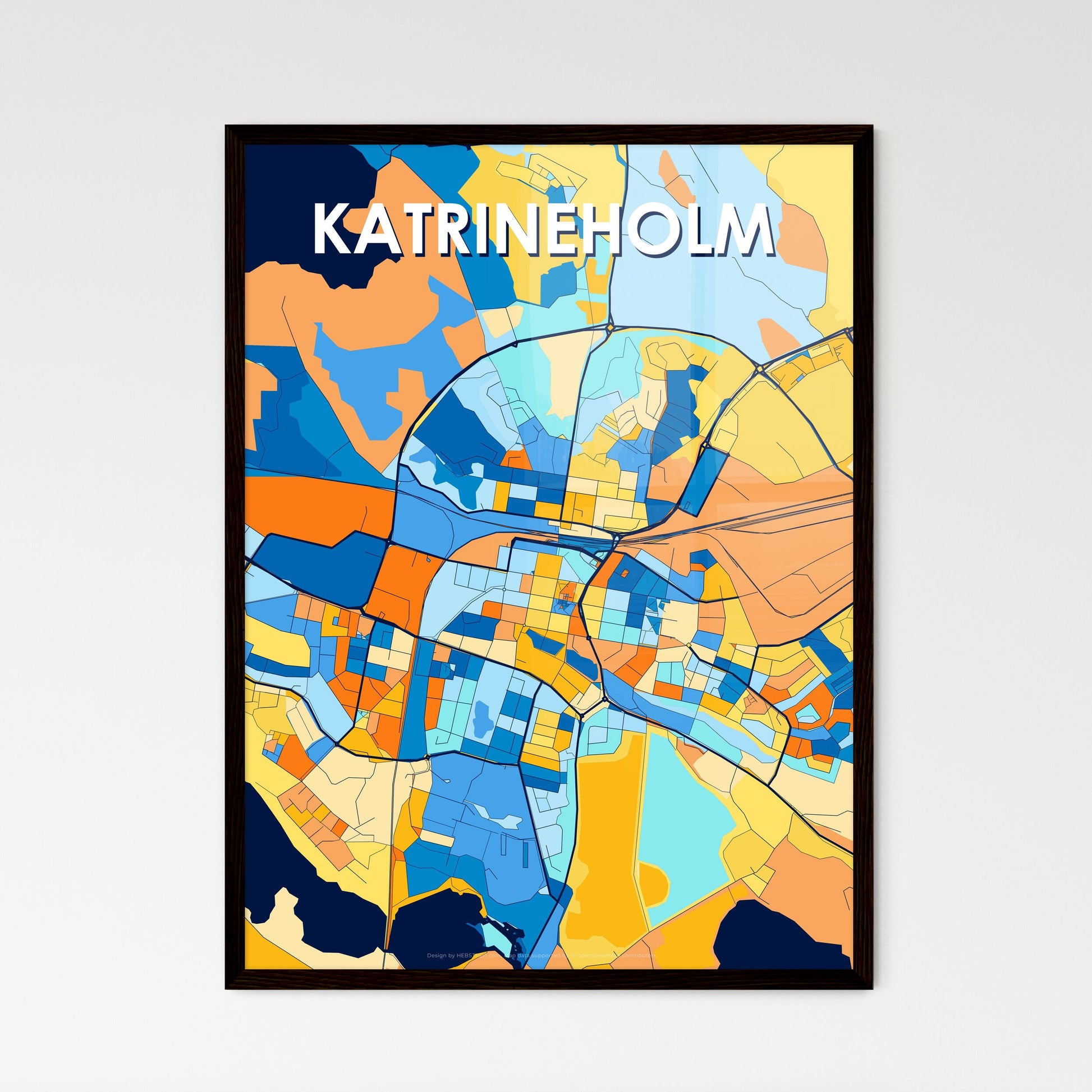 KATRINEHOLM SWEDEN Vibrant Colorful Art Map Poster Blue Orange