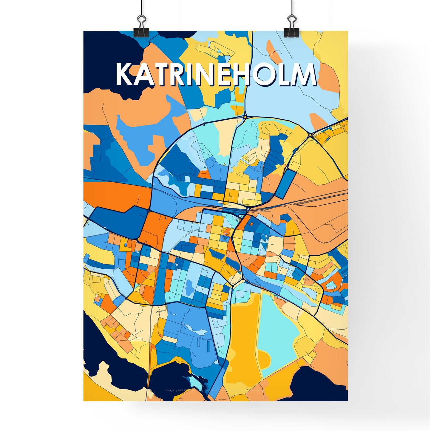 KATRINEHOLM SWEDEN Vibrant Colorful Art Map Poster Blue Orange