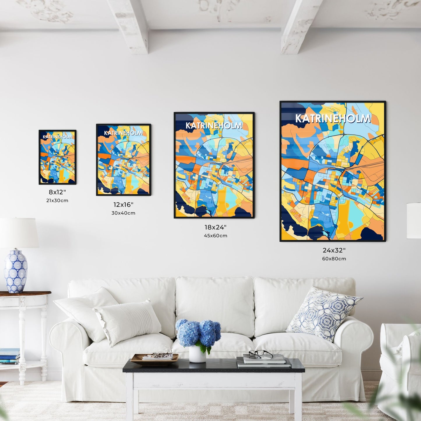 KATRINEHOLM SWEDEN Vibrant Colorful Art Map Poster Blue Orange