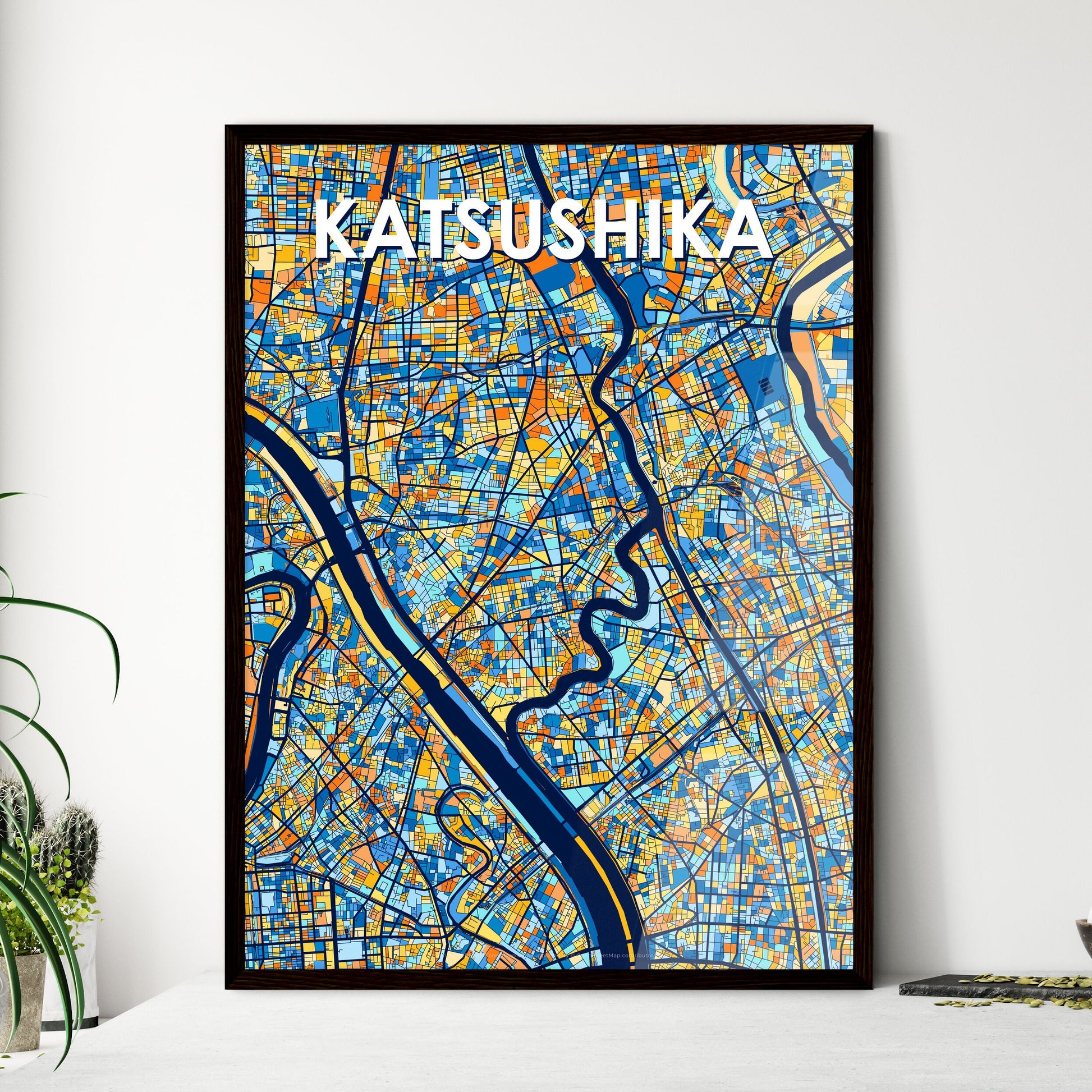 KATSUSHIKA JAPAN Vibrant Colorful Art Map Poster Blue Orange