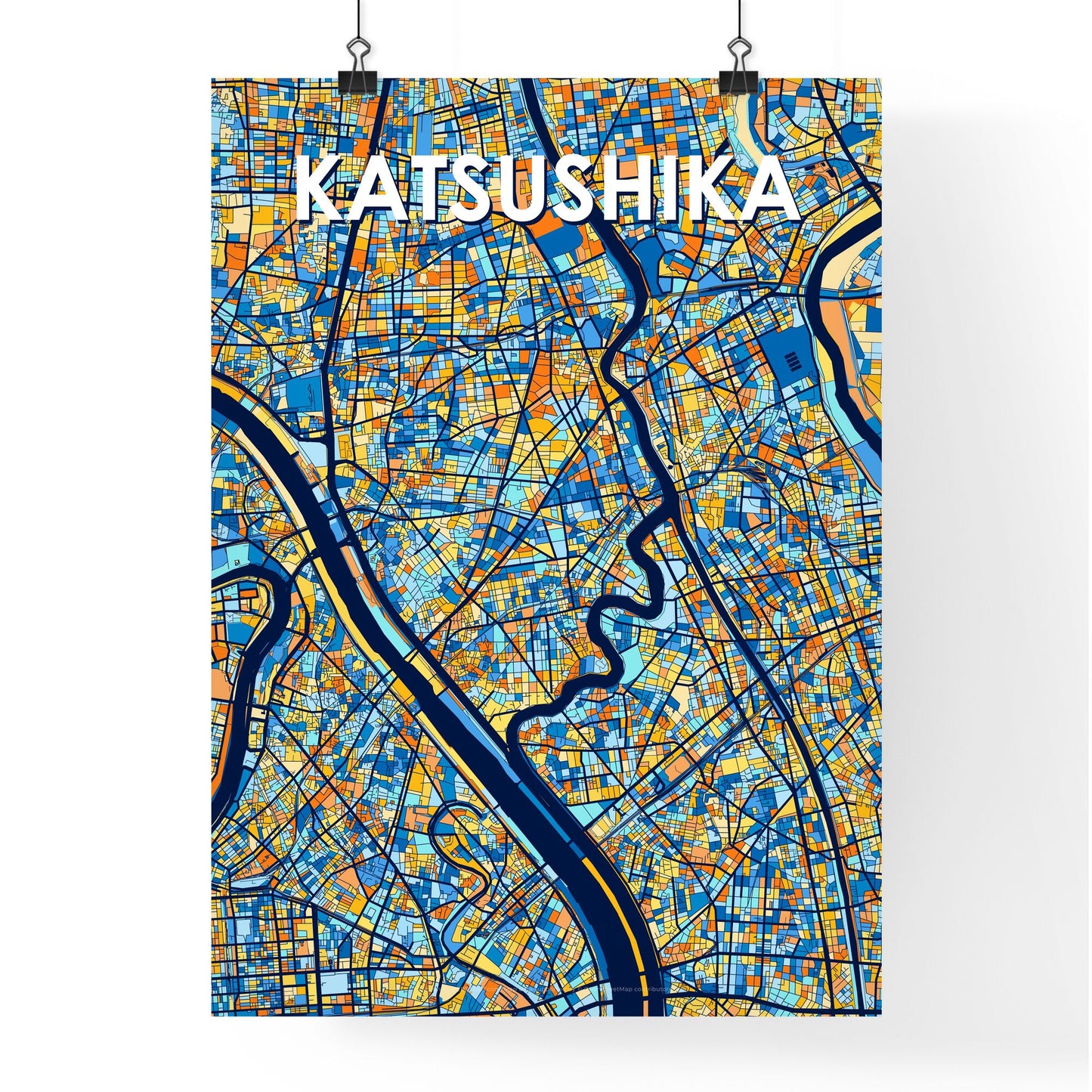 KATSUSHIKA JAPAN Vibrant Colorful Art Map Poster Blue Orange