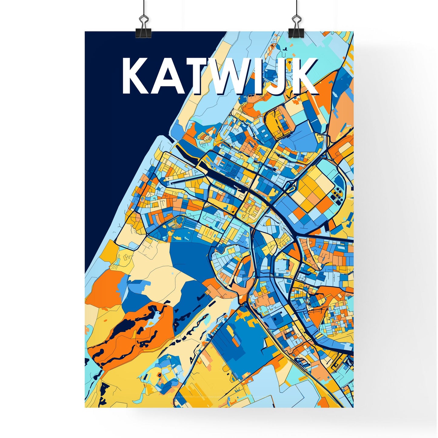 KATWIJK NETHERLANDS Vibrant Colorful Art Map Poster Blue Orange