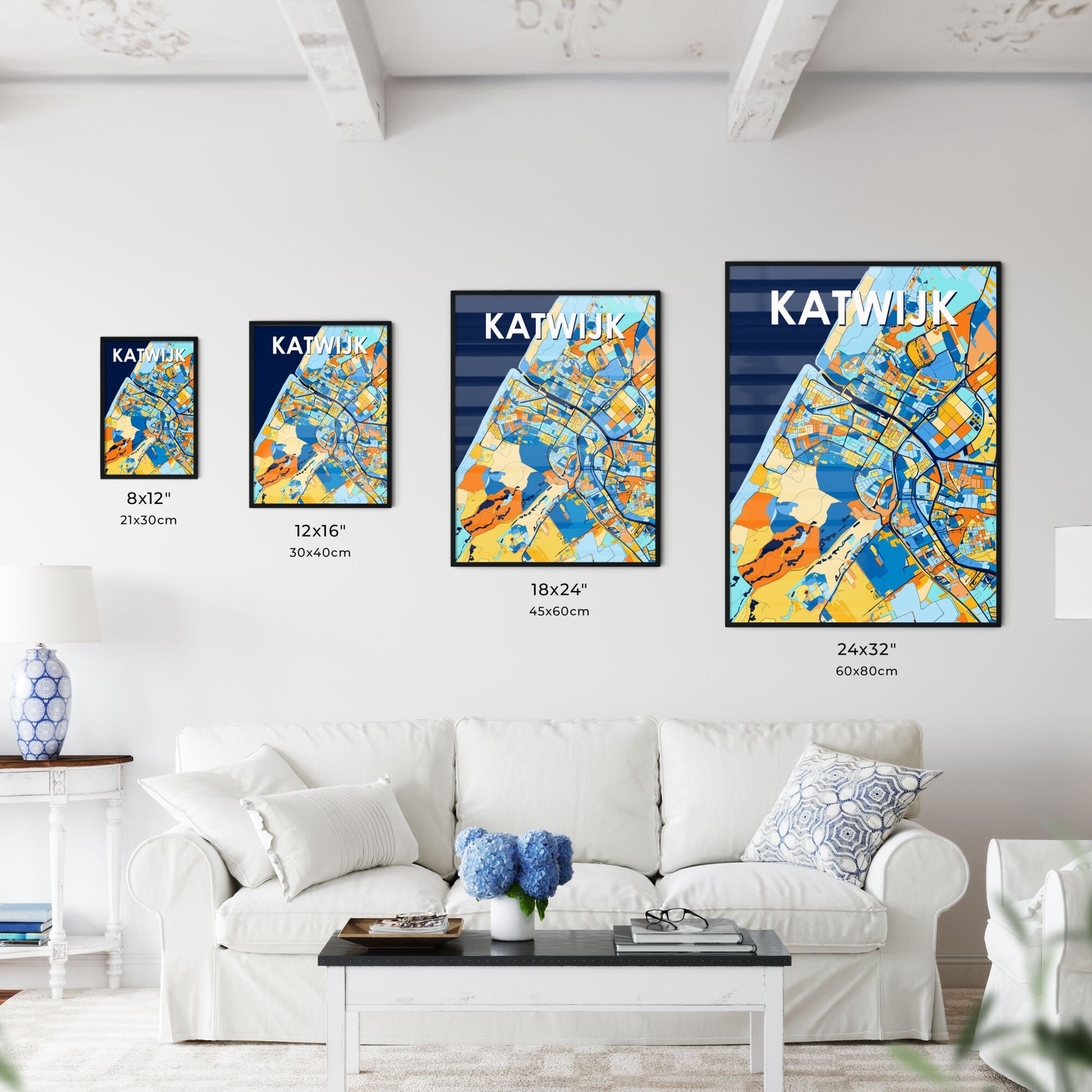 KATWIJK NETHERLANDS Vibrant Colorful Art Map Poster Blue Orange