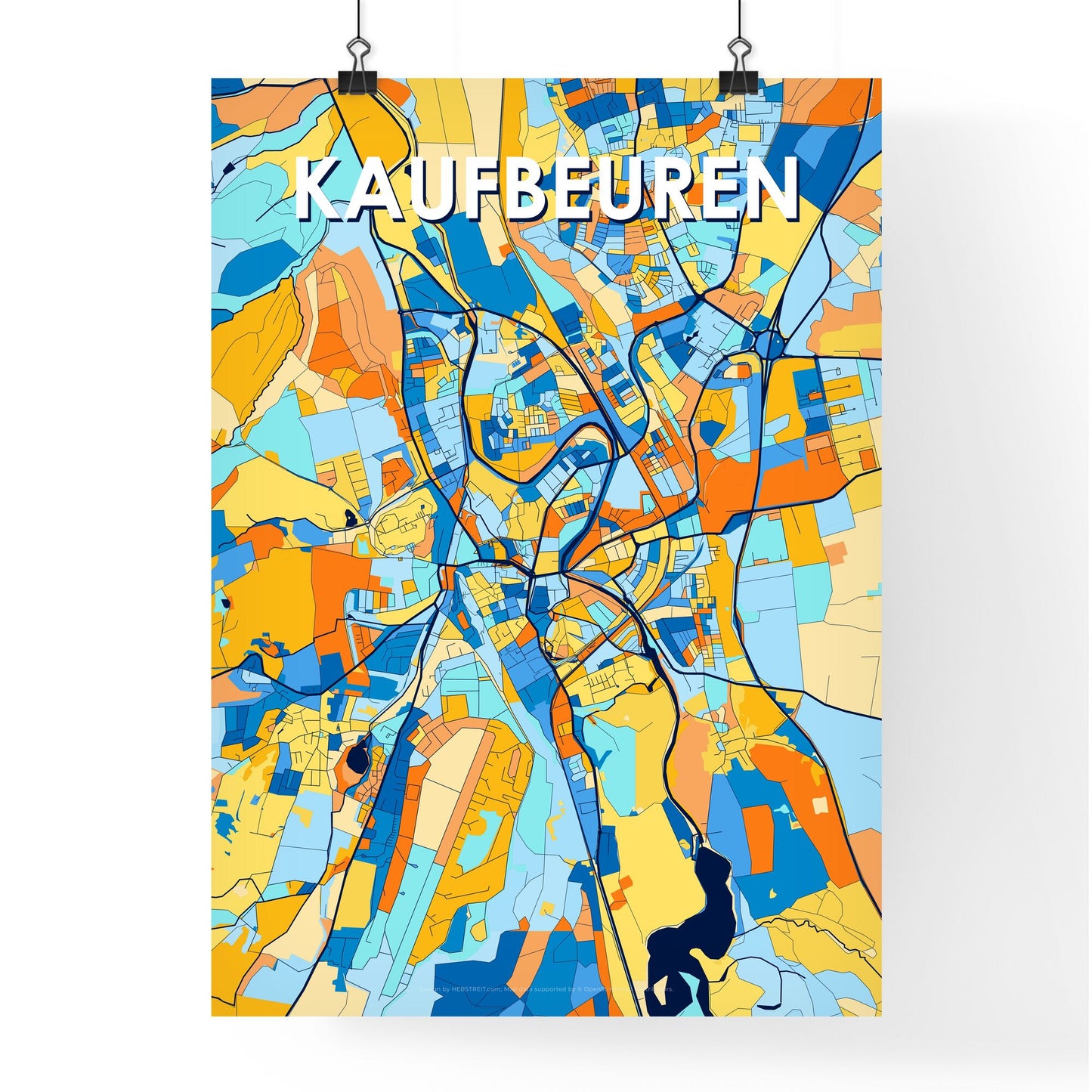 KAUFBEUREN GERMANY Vibrant Colorful Art Map Poster Blue Orange