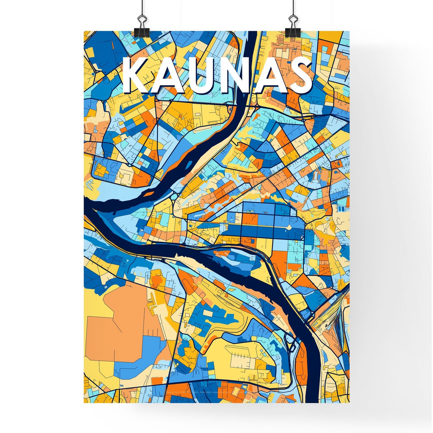 KAUNAS LITHUANIA Vibrant Colorful Art Map Poster Blue Orange