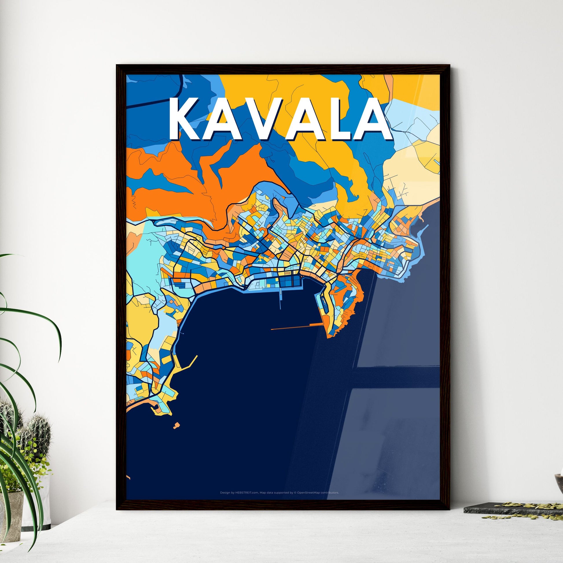 KAVALA GREECE Vibrant Colorful Art Map Poster Blue Orange