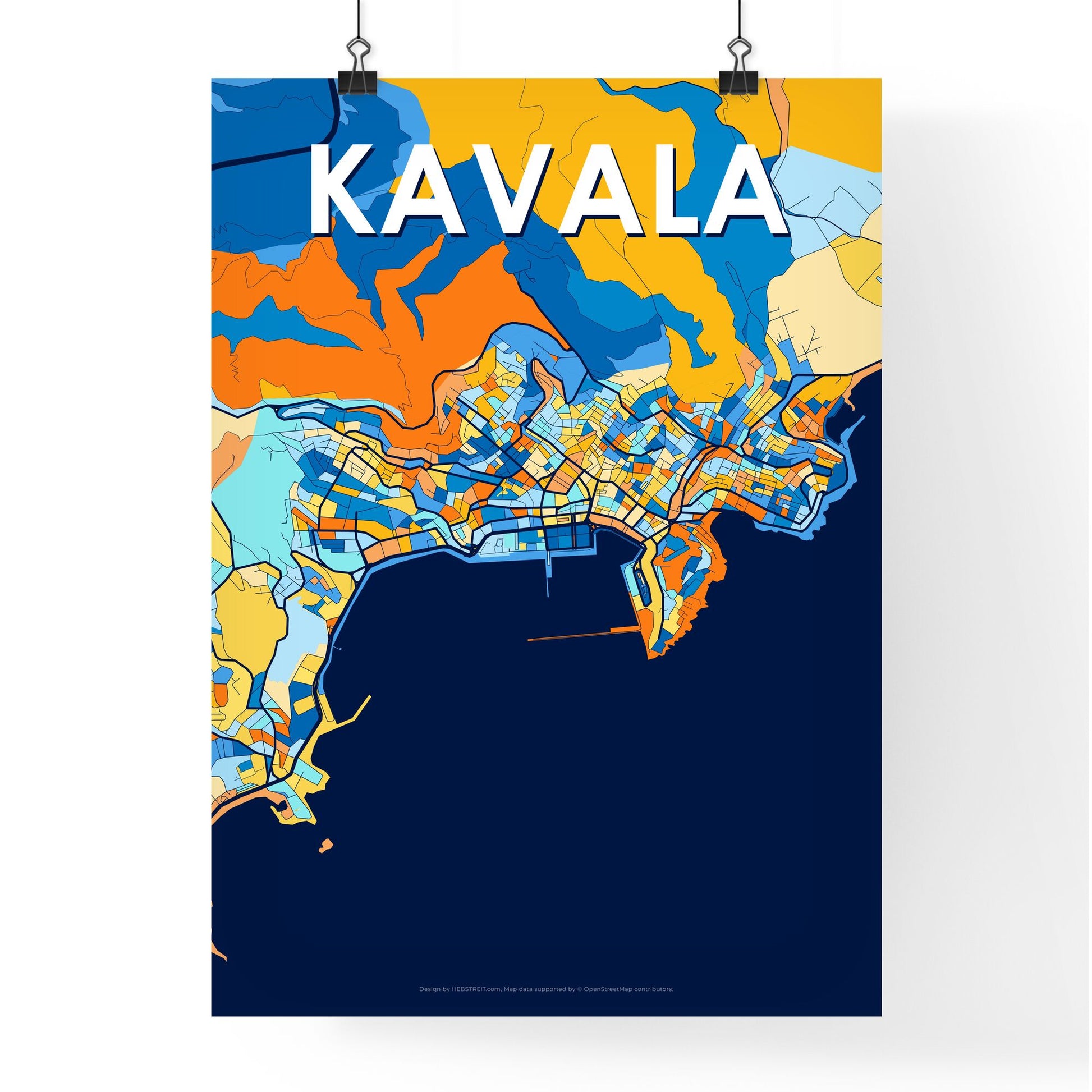 KAVALA GREECE Vibrant Colorful Art Map Poster Blue Orange