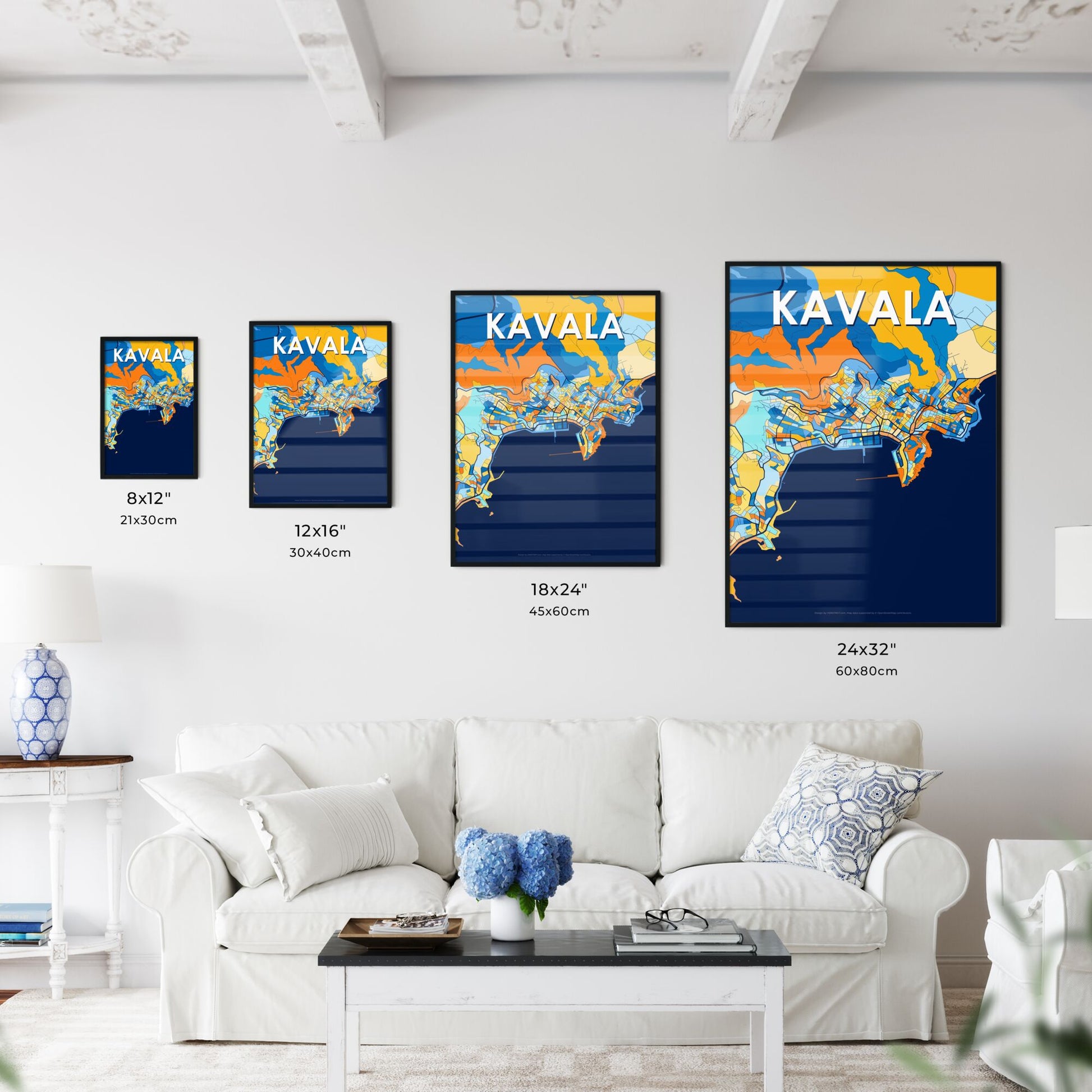 KAVALA GREECE Vibrant Colorful Art Map Poster Blue Orange