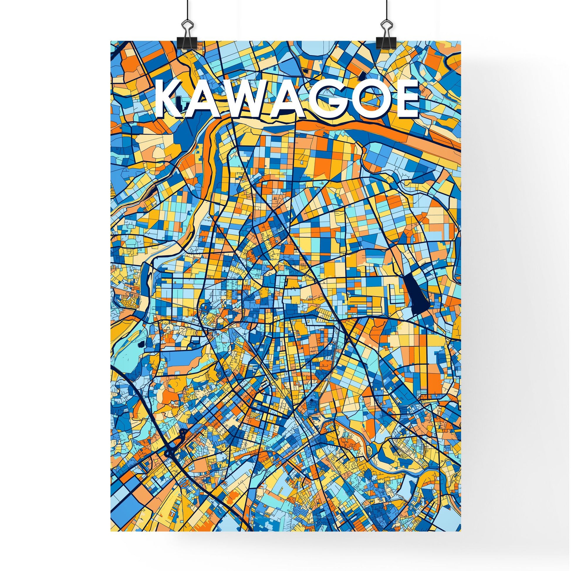 KAWAGOE JAPAN Vibrant Colorful Art Map Poster Blue Orange