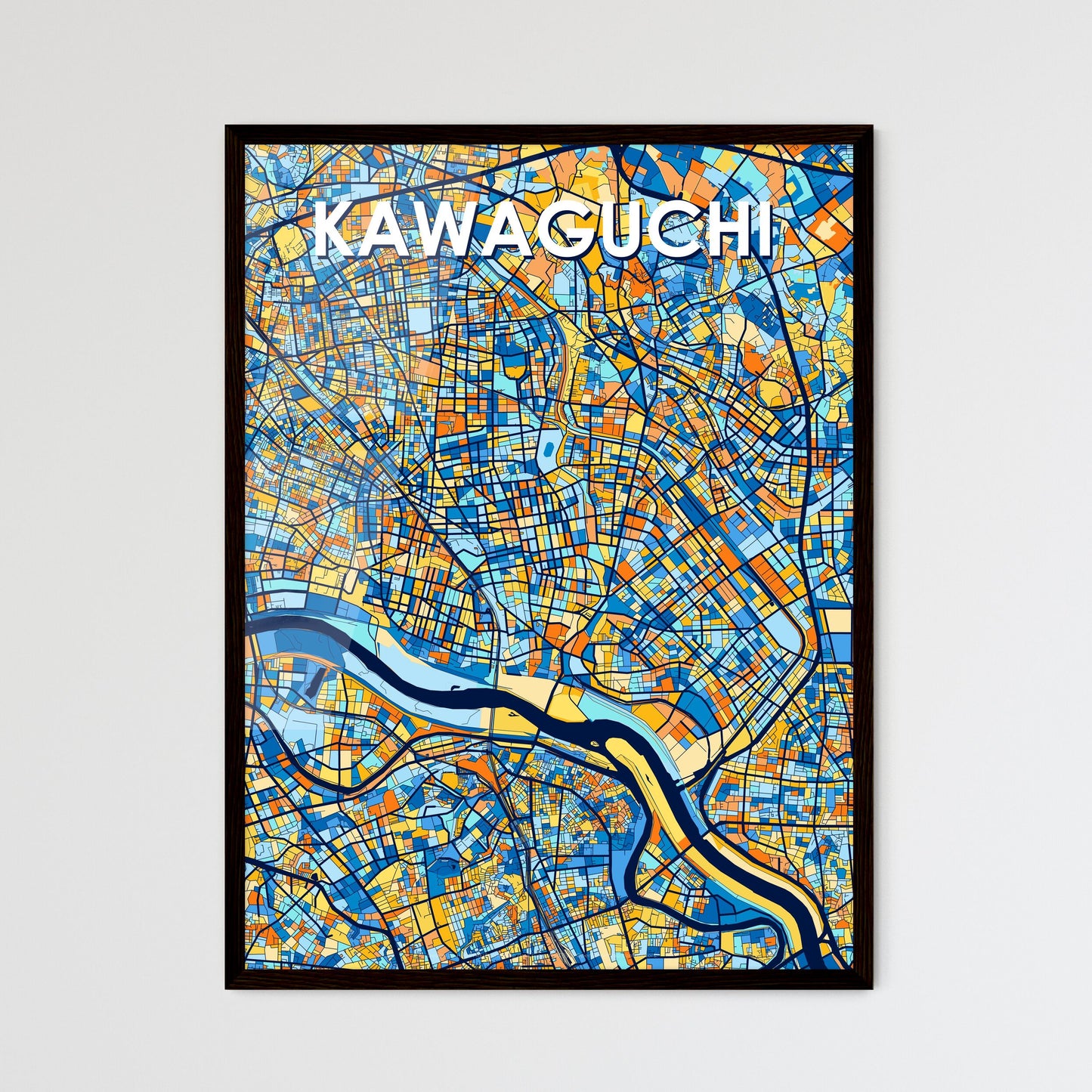 KAWAGUCHI JAPAN Vibrant Colorful Art Map Poster Blue Orange