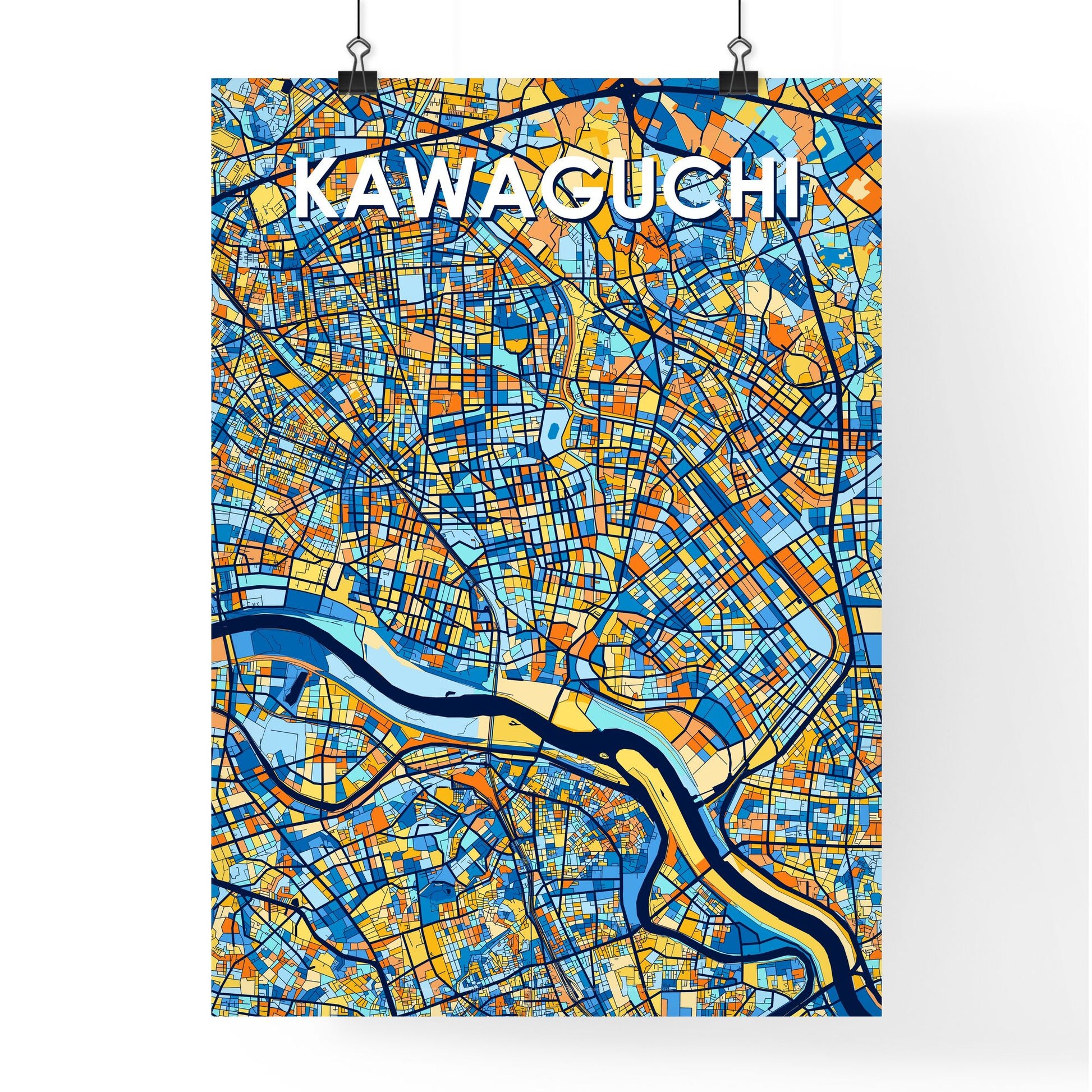 KAWAGUCHI JAPAN Vibrant Colorful Art Map Poster Blue Orange