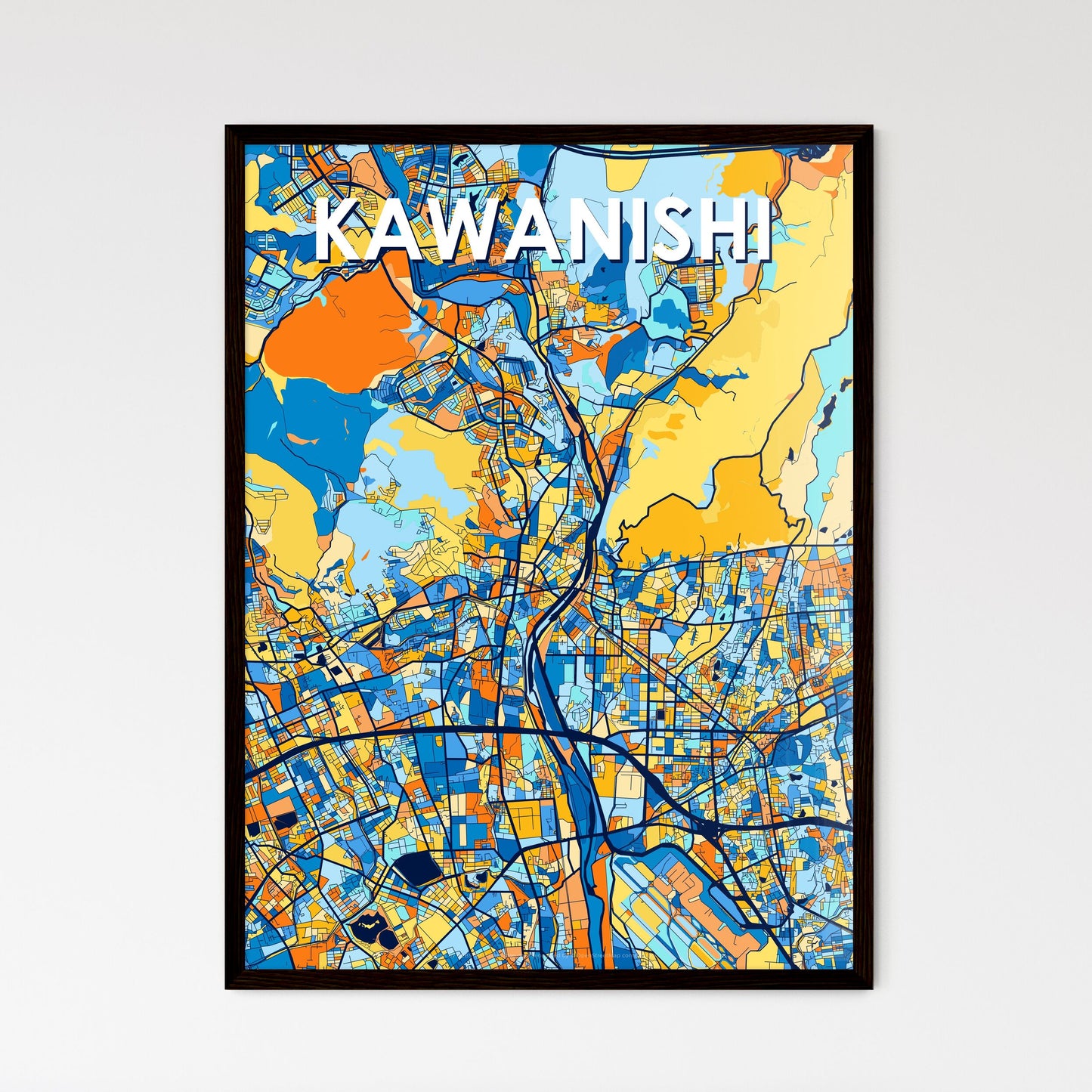 KAWANISHI JAPAN Vibrant Colorful Art Map Poster Blue Orange