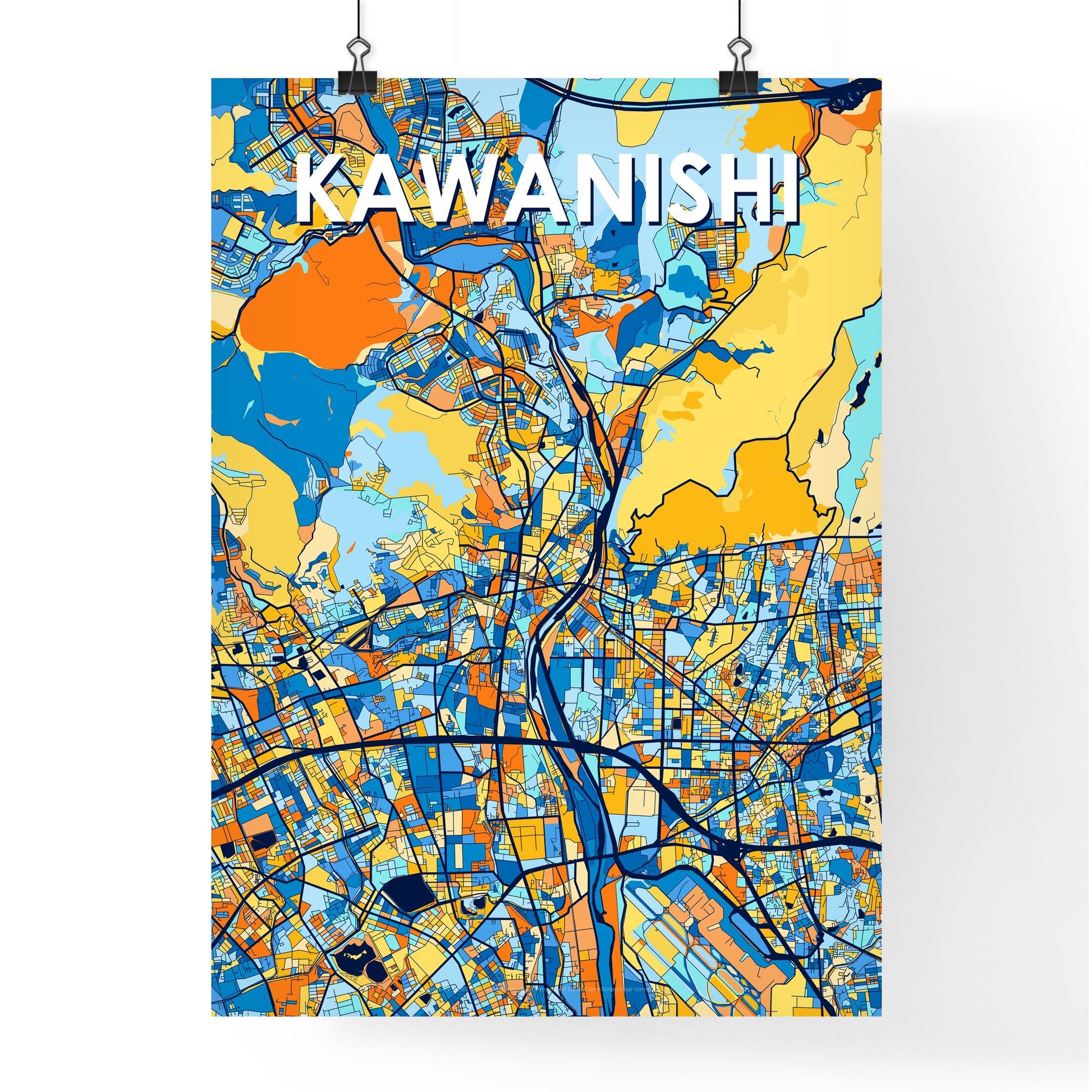 KAWANISHI JAPAN Vibrant Colorful Art Map Poster Blue Orange