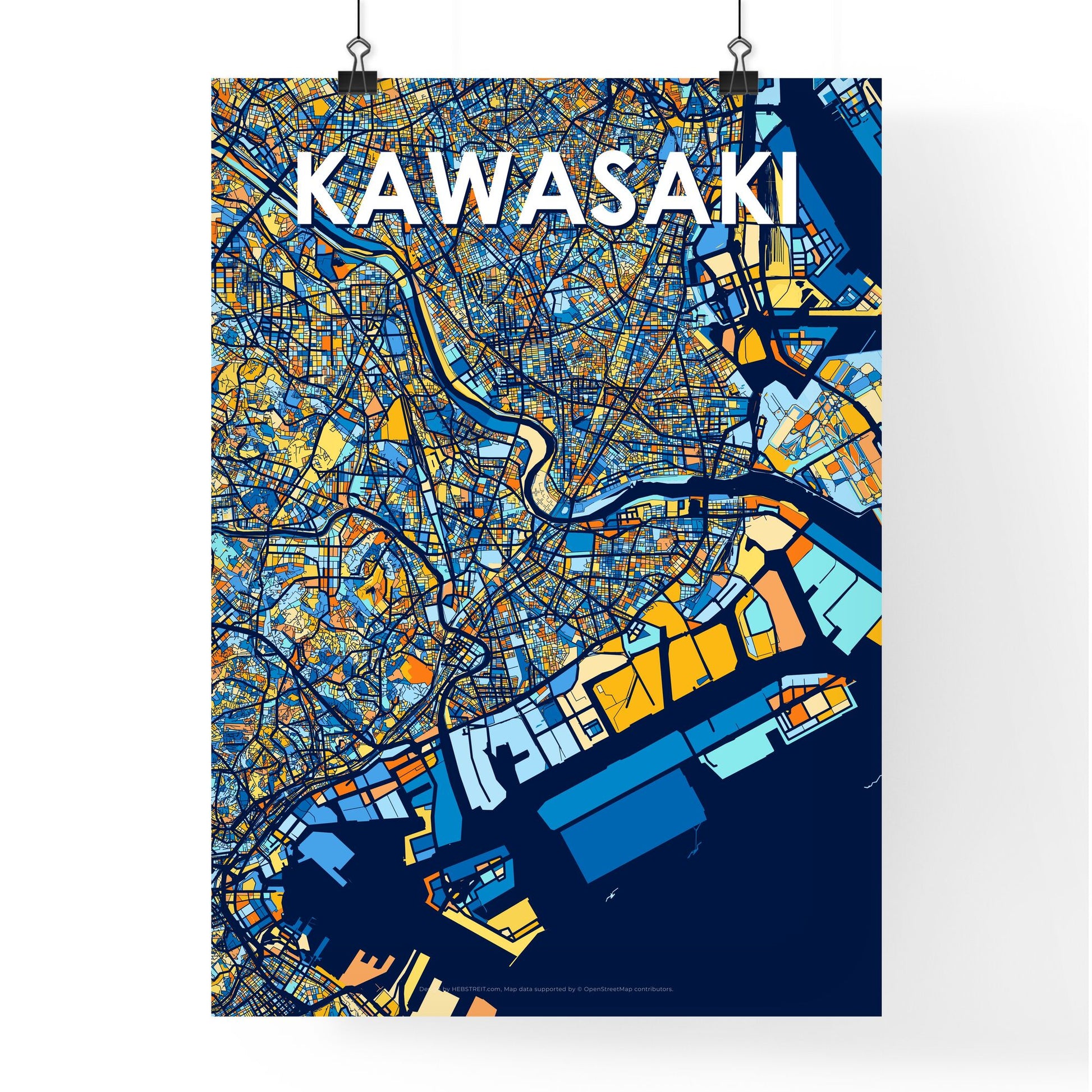 KAWASAKI JAPAN Vibrant Colorful Art Map Poster Blue Orange