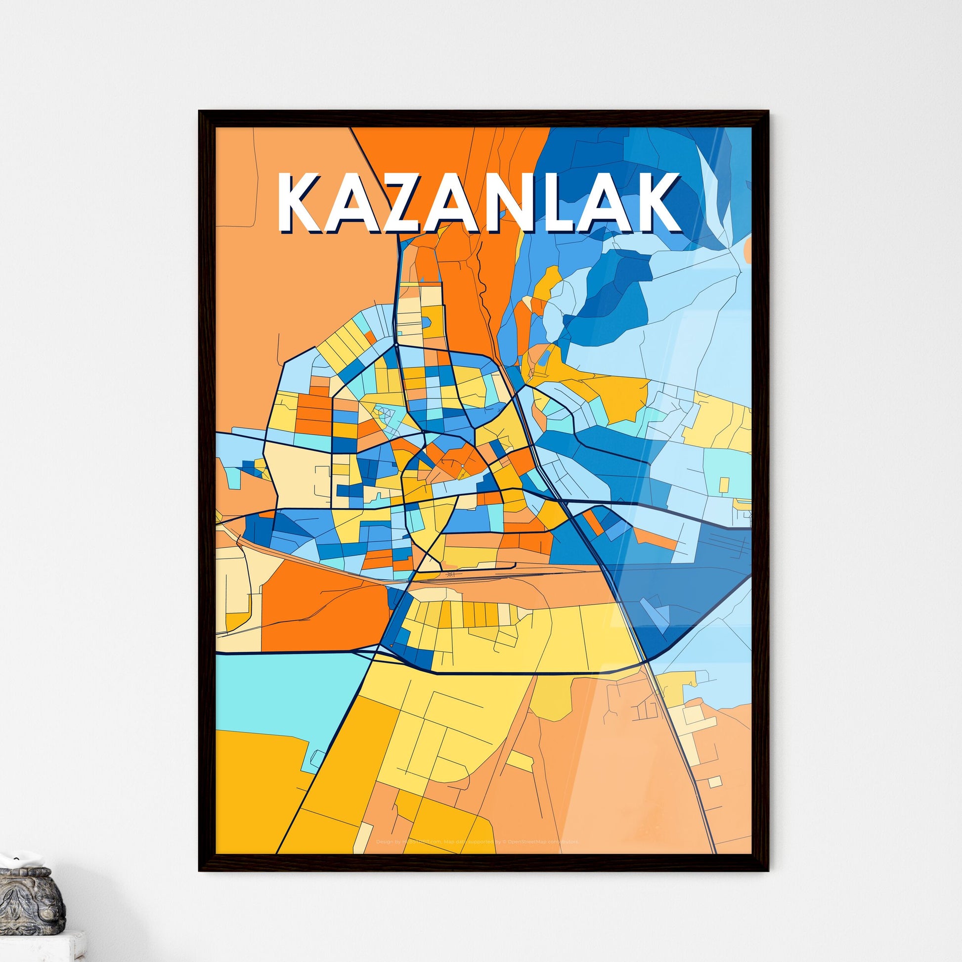 KAZANLAK BULGARIA Vibrant Colorful Art Map Poster Blue Orange