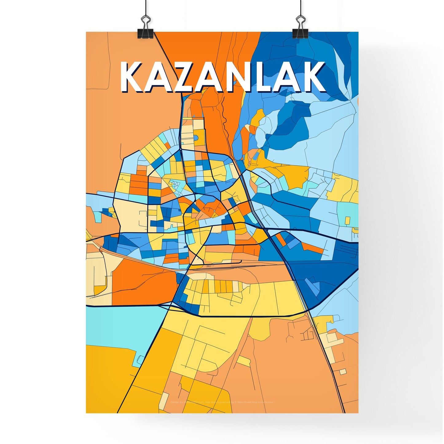 KAZANLAK BULGARIA Vibrant Colorful Art Map Poster Blue Orange