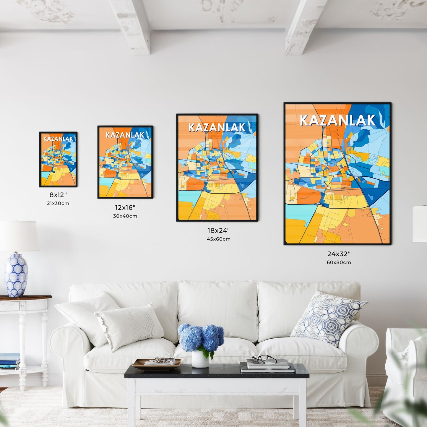 KAZANLAK BULGARIA Vibrant Colorful Art Map Poster Blue Orange